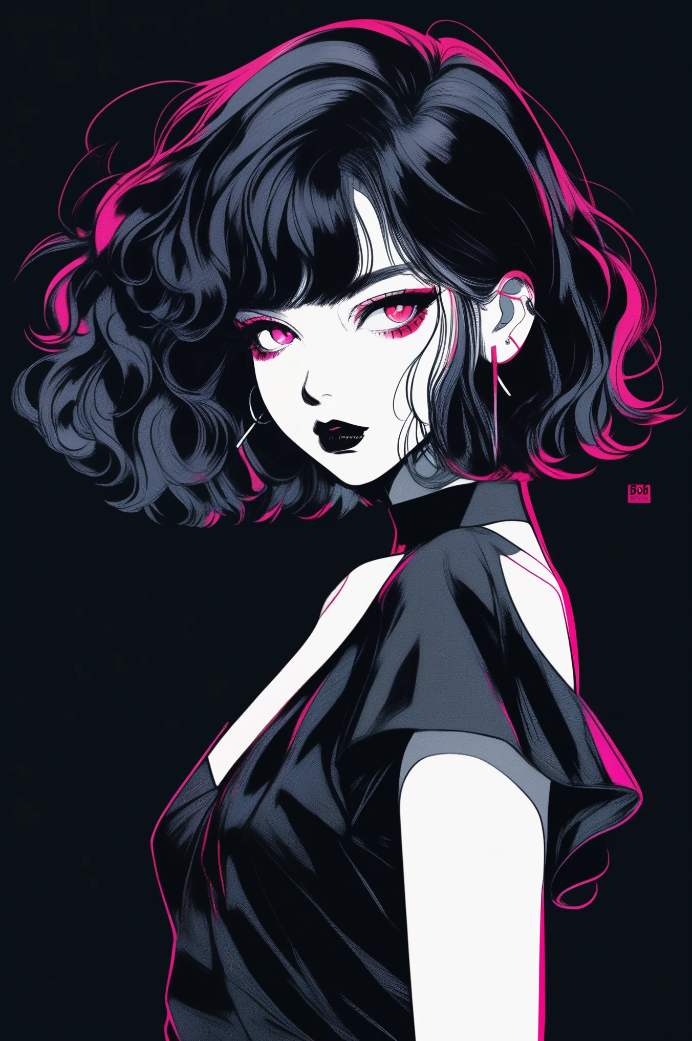 (best quality, sketch:1.2),realistic,illustrator,anime,1 girl, detailed lips, black dress,custom, (background dark monochrome),neon hair,textured cropping, masterpiece, style retro classic, noir dark, art, sketch book, (bob hair black:1.75 neon:1.32), bad women , dark monochrome background