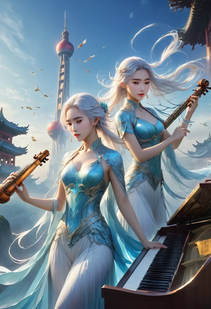 two girls, a girl holding a piano, A girl holds a pipa, white hair, xianxia fantasy, CG social popularity, china tower, Floating foreground, hair loose, motion blur, movie lighting, Blurred foreground, Motion line, high detail, 16K, high resolution, textured skin, Super details