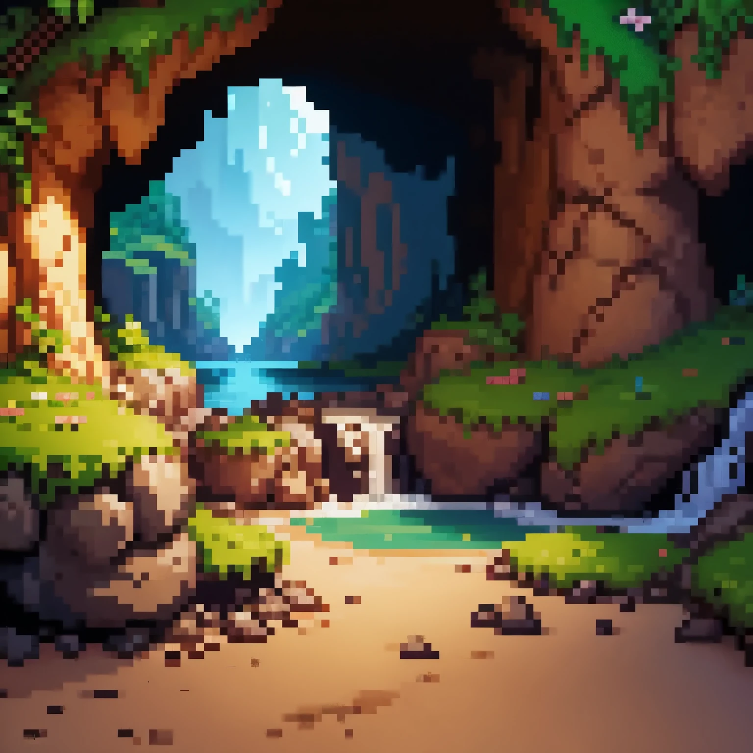 (Pixel art),(Pixels),Retro game art woman in computer game, gameplay screenshot posing for a picture in latex catsuit a close up of a pixel art style scene of a cave, beautiful detailed pixel art, ultra detailed game art, dan mumford. maya render, beautiful fantasy cave scene, magical cave, dark gloomy cave background, in the art style of dan mumford, overgrown stone cave, looking into a mysterious cave, ancient cave, overgrown cave, cave with waterfall, cave background, scenery, water, tree, backpack, nature, rock, outdoors, grass, bird, bag, moss, fish, animal, plant, cave . 16-bit, vibrant colors, pixelated, nostalgic, charming, fun