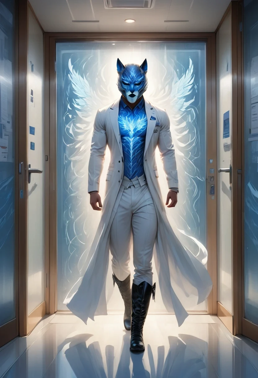 individual, white body, muscle, standing in front of the glass door, lower your head, take notes, Serious expression, frown (doctor clothing,, White mask, notebook, blue pen, white boots, black pattern: 1.2), wolf tail, wolf ears, ((bust)), (indoor: 1.35), incandescent indoor lighting, hospital corridor, shadow (particle, soft light, white glow): 1.3, white coat, anatomically correct, simple background, cartoon, Warm colors, soft lines