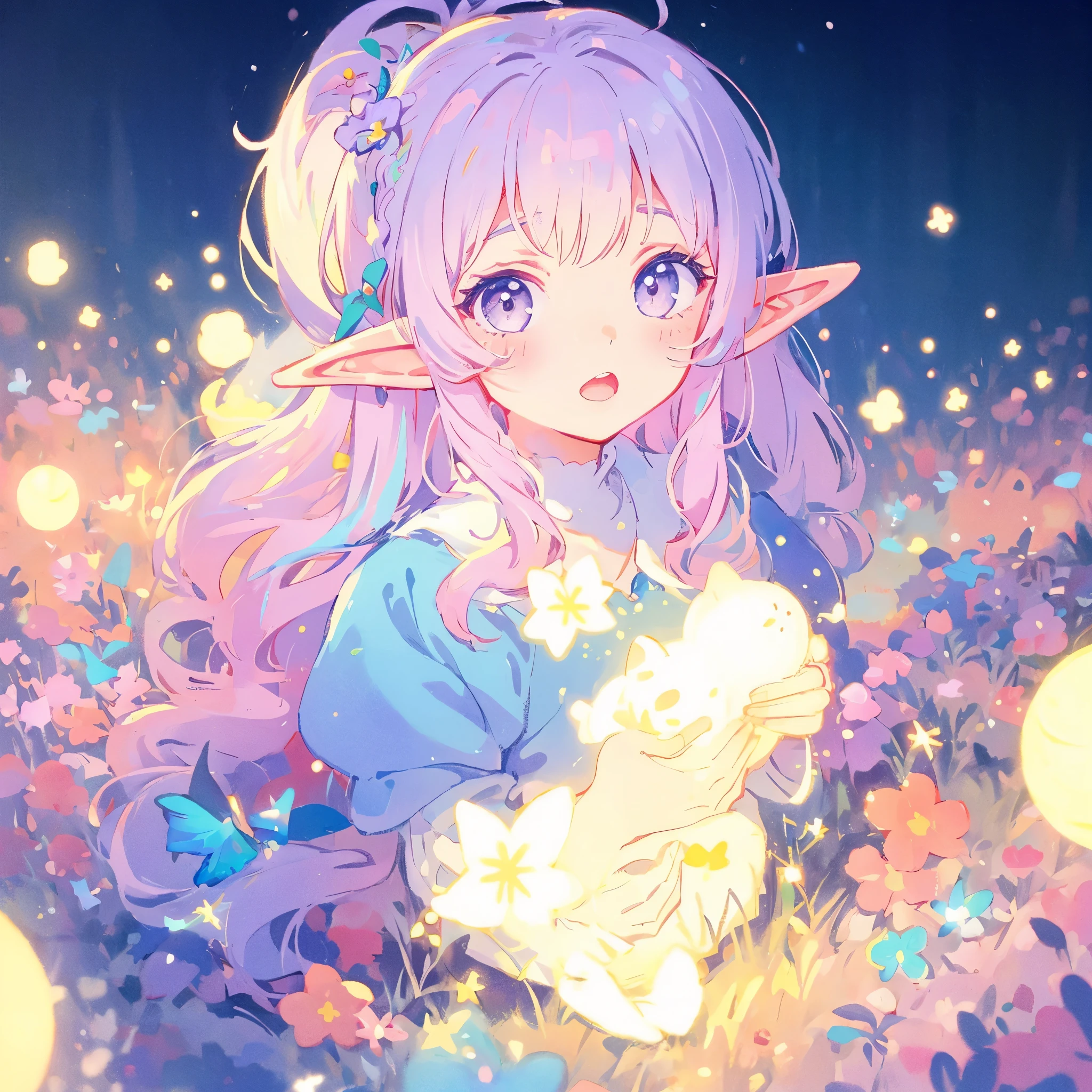 elf girl, bright colorful hair, magical, whimsical, fantasy, otherworldly, extremely detailed face, masterpiece, perfect illumination, (pastel colors)