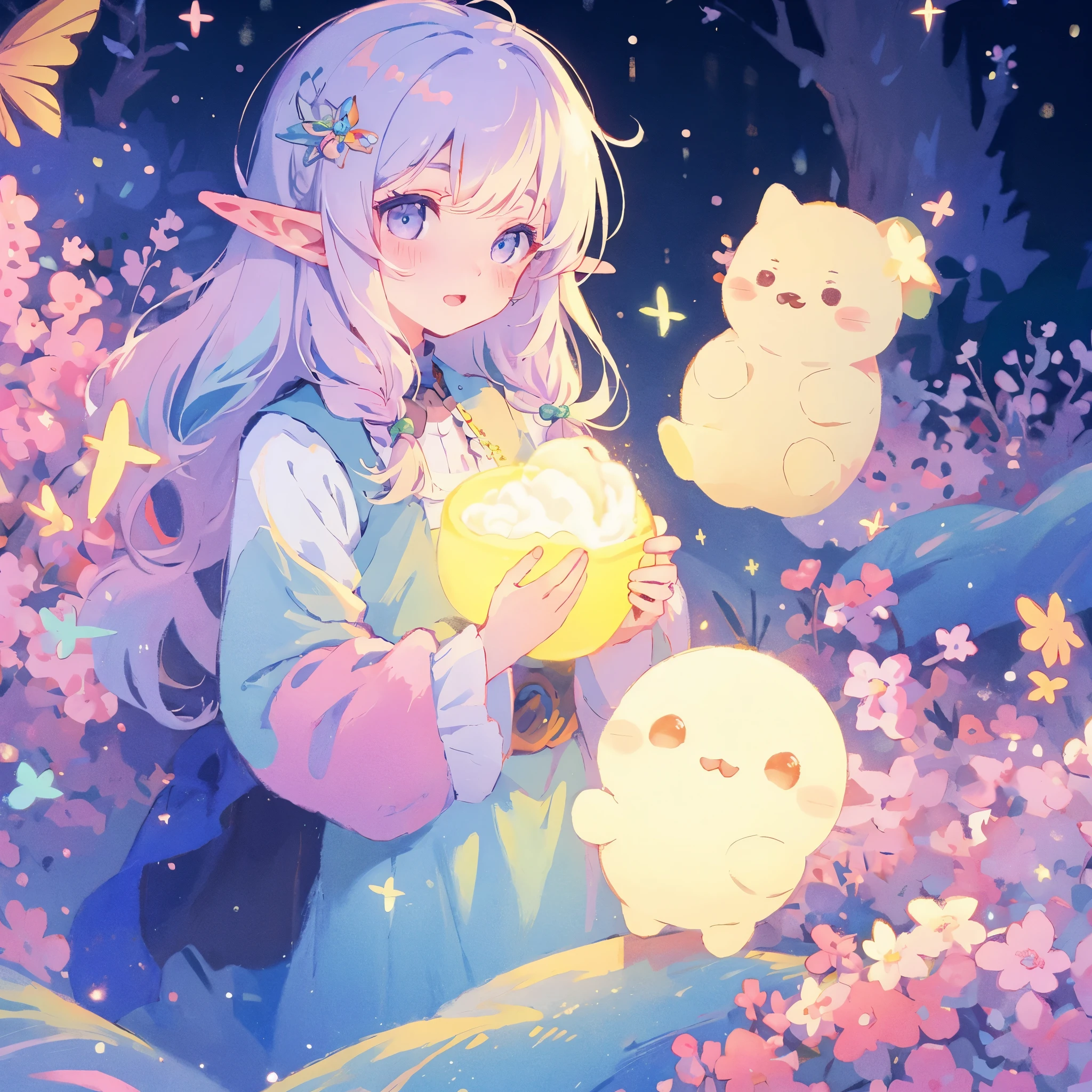 elf girl, bright colorful hair, magical, whimsical, fantasy, otherworldly, extremely detailed face, masterpiece, perfect illumination, (pastel colors)