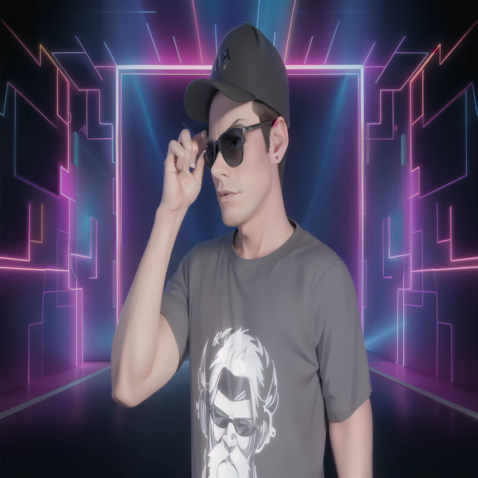 there is a man wearing a hat and sunglasses in front of a neon background club electronic music, wearing sunglasses and cap, com uma pose legal, parecendo muito legal e estiloso, inspirado em Daryush Shokof, no estilo de kar wai wong, imagem de perfil, he is wearing a black t-shirt, Comercial de TV, with sunglasses, fundo balada deejay