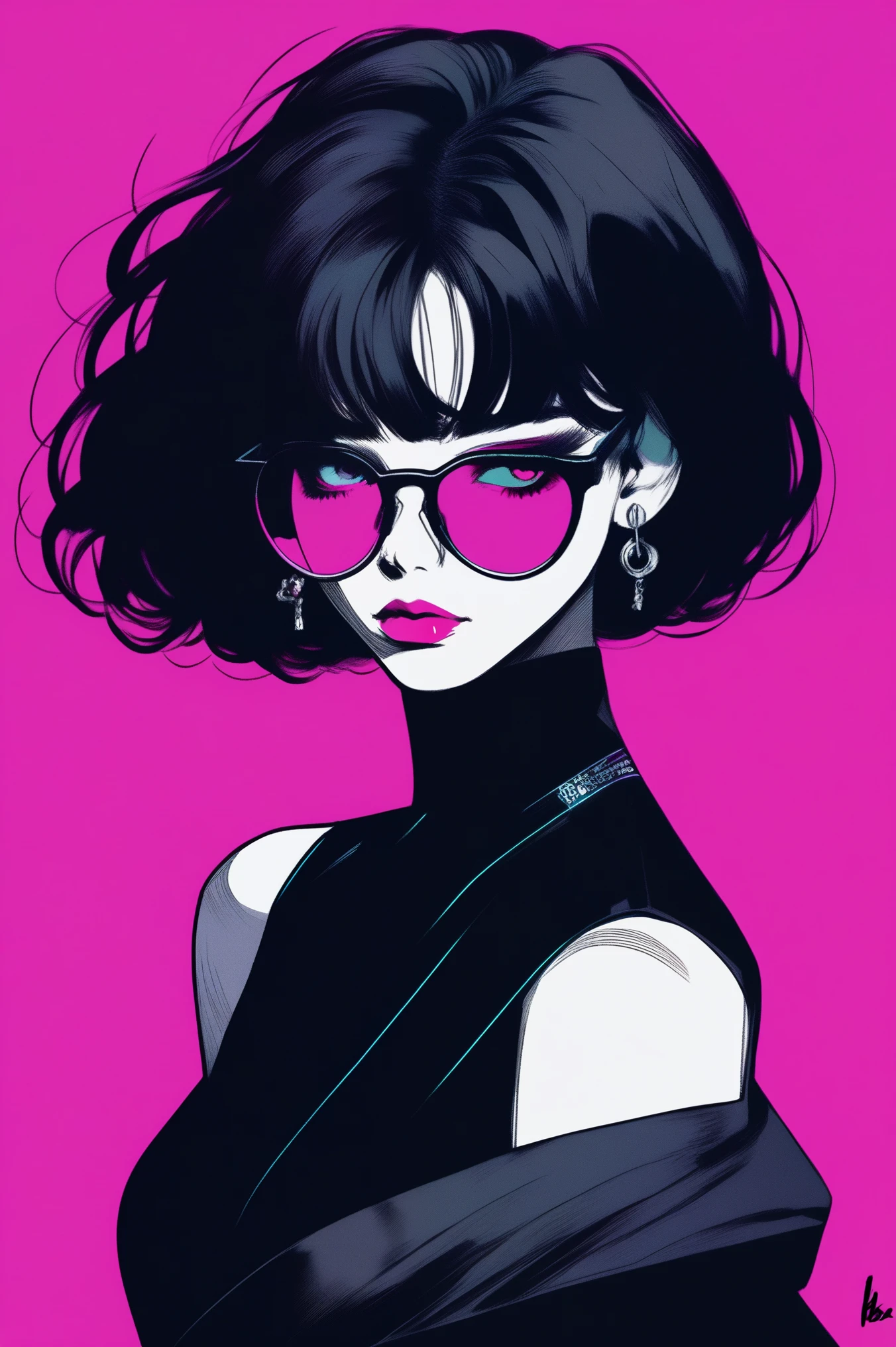 (best quality, sketch:1.2),realistic,illustrator,anime,1 girl, detailed lips, black dress8,custom, (background dark monochrome),neon hair,textured cropping, masterpiece, style retro classic, noir dark, art, sketch book, (bob hair black:1.75 neon:1.32), bad women , dark shadows 