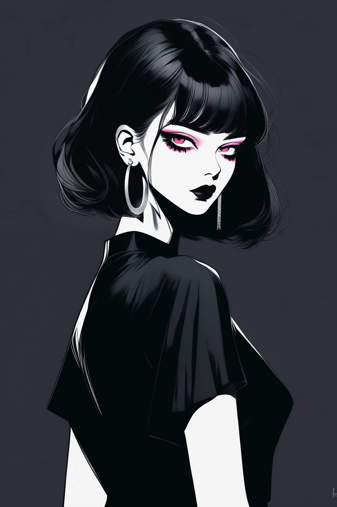 (best quality, sketch:1.2),realistic,illustrator,anime,1 girl, detailed lips, black dress8,custom, (background dark monochrome),neon hair,textured cropping, masterpiece, style retro classic, noir dark, art, sketch book, (bob hair black:1.75 neon:1.32), bad women , dark shadows 