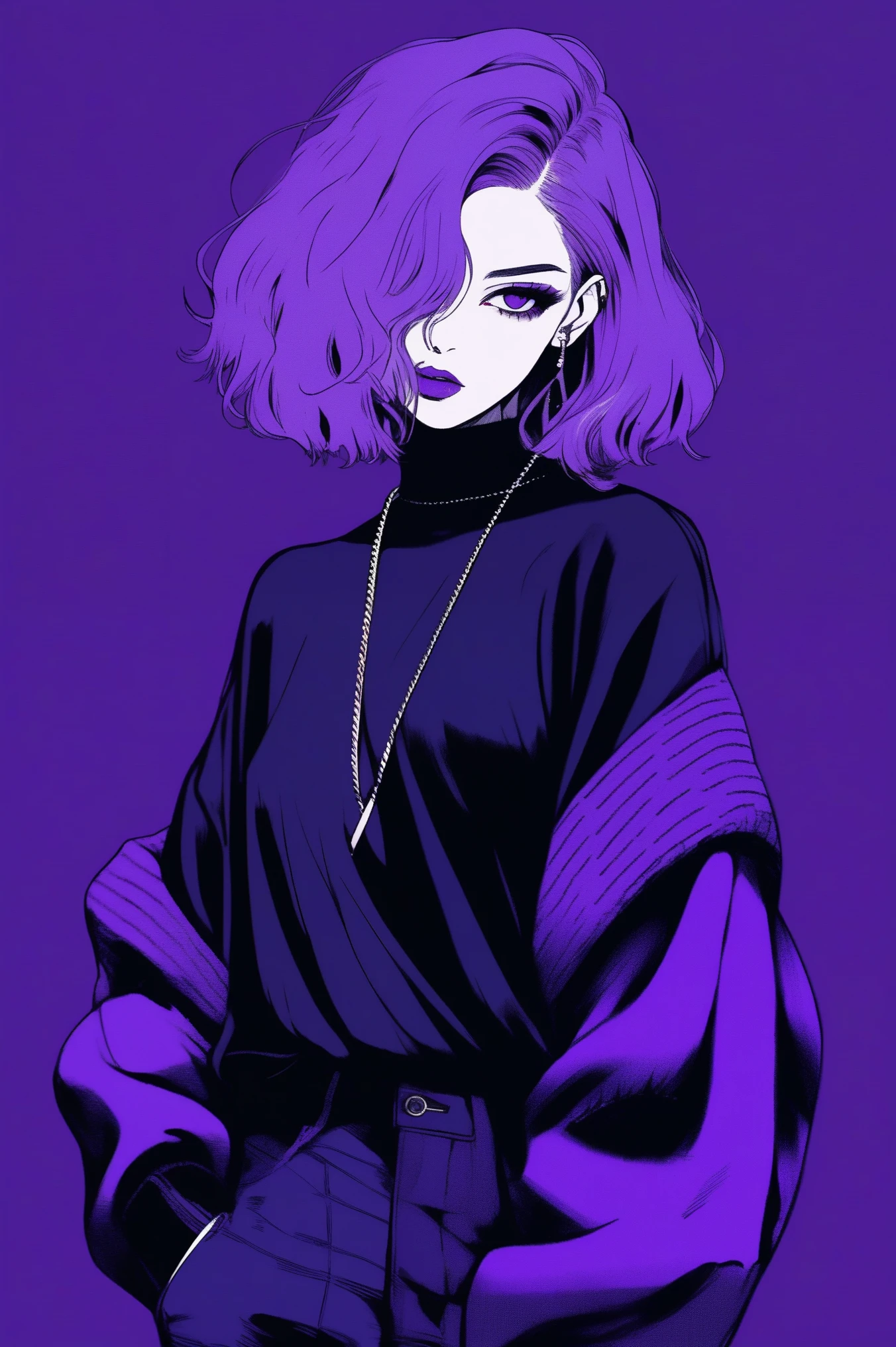 (best quality, sketch:1.2), dark monochrome background, anime,illustrator,anime,1 girl, detailed lips,sweater,custom,background completely black, neon hair,textured cropping,Canadian, masterpiece, style retro classic, noir dark, art, sketch book, (bob hair purple:1.35, black:1.55), bad women 