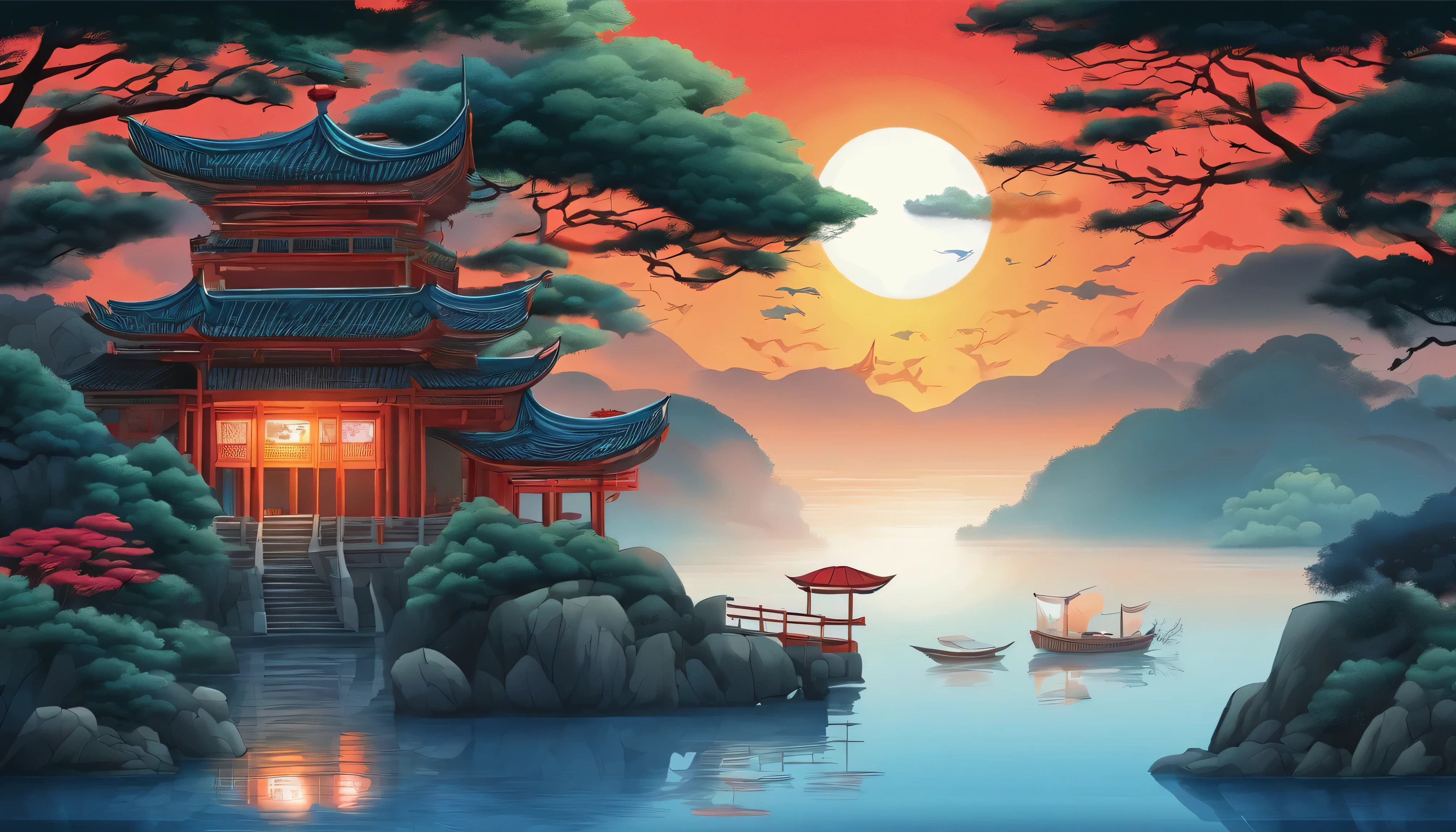 masterpiece,best quality,Chinese martial arts style,an asian night scene with lanterns and water lilies,asian pond with many lanterns and boatsa night scene with many lights and boats in the water, Lake surface, lotus flowers,beautiful night scene,(((Chinese martial arts style))), with vast sky, continuous mountains and steep cliffs, ink wash style, outline light, atmospheric atmosphere, depth of field, mist rising, bamboo, pine trees, octagonal stone pavilion, waterfall flowing water,big full moon, Colorful