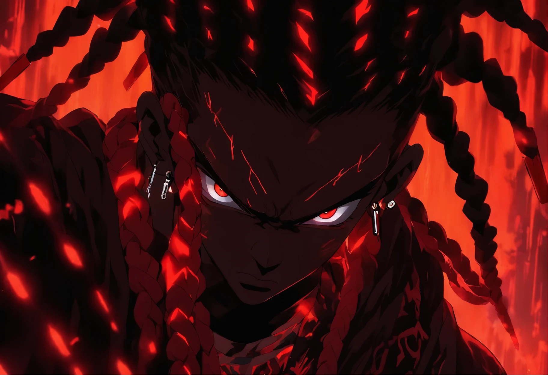 blacklight red and black, black man with glowing red eyes and glowing red and gray cornrows with vibrant red background, (perfect eyes, perfect face, symmetrical eyes),
