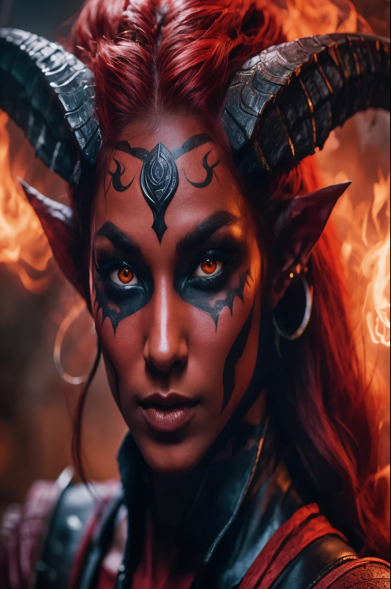 un primer plano de una mujer con cuernos y maquillaje, tiflin, tiflin female warlock, diablo 4 lilith, tiflin from d & d, alluring tiflin druid, attractive tiflin druid, together | medieval, dnd portrait of a tiflin, cuernos y ojos rojos, retrato de un demonio femenino, mujer demonio, demonio, demonio mara