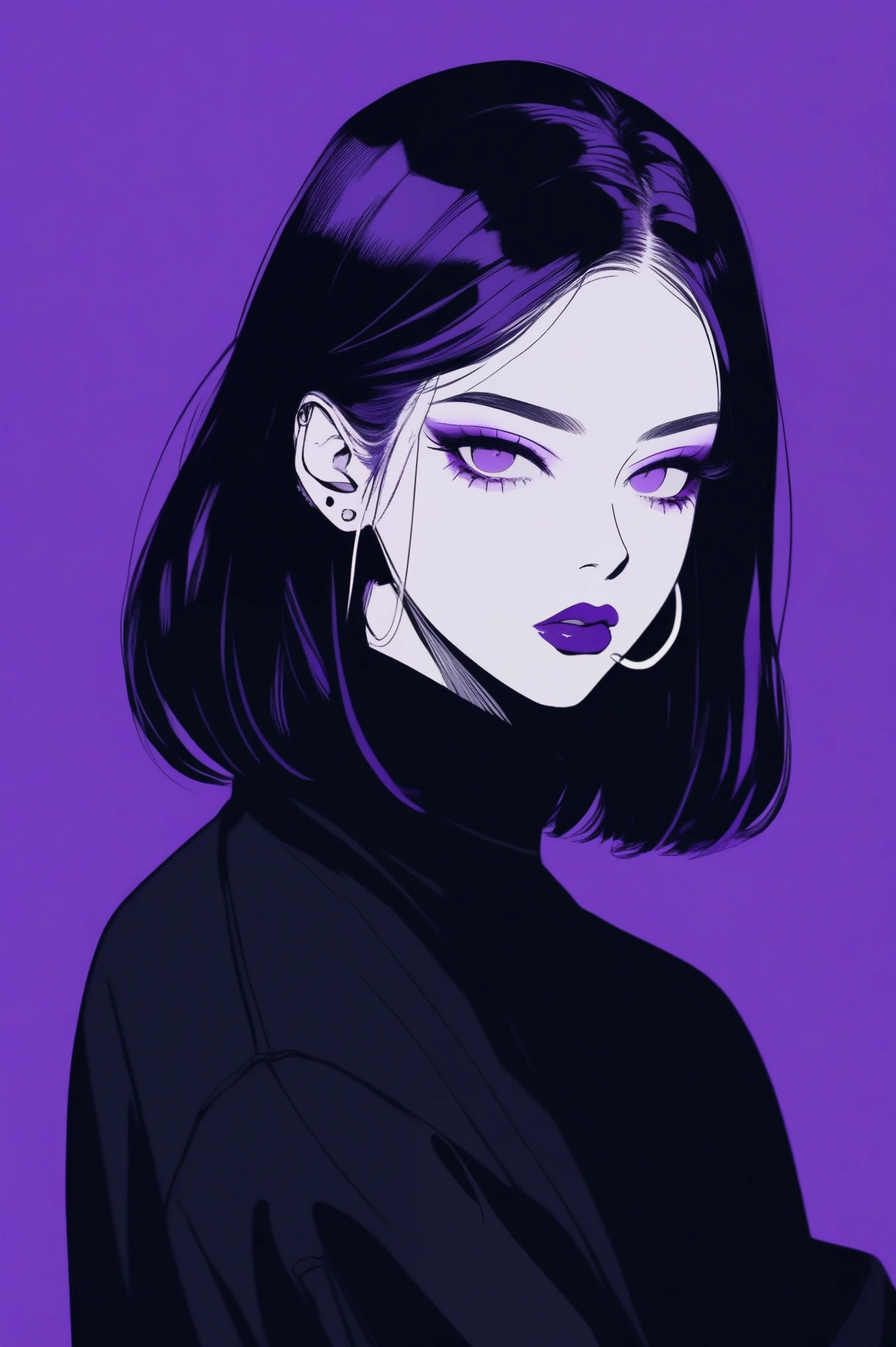 (best quality, sketch:1.2), dark monochrome background, anime,illustrator,anime,1 girl, detailed lips,sweater,custom, ( background dark),neon hair,textured cropping,Canadian, masterpiece, style retro classic, noir dark, art, sketch book, (bob hair purple:1.35, black:1.55), bad women 