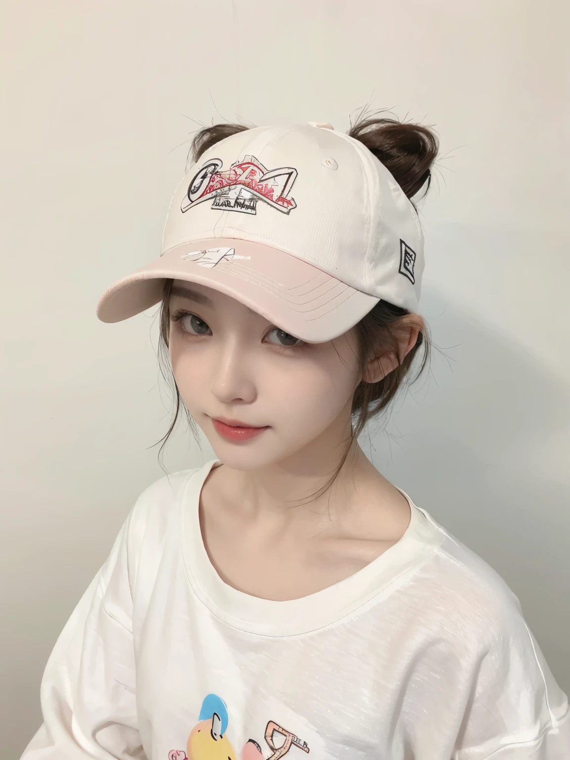 Best image quality、original photo、ultra high resolution、21 years old Korean、small breasts、dynamic angle、Cowboy shooting、The most beautiful form of chaos、elegant、Innovative design、bright colors、,light brown short hair、disheveled hair、light brown eyes 、black baseball cap(表情Smile)、short bob、Smile、Fair and shiny skin、beautiful eyes，random colors、The details are very beautiful、thin lips、细致beautiful eyes、elongated eyes、pale pink cheeks、long eyelashes、beautiful double eyelids、eye shadow、he、White big T-shirt sweatshirt、baggy pants、Shot from the side、sexy pose、enlarge