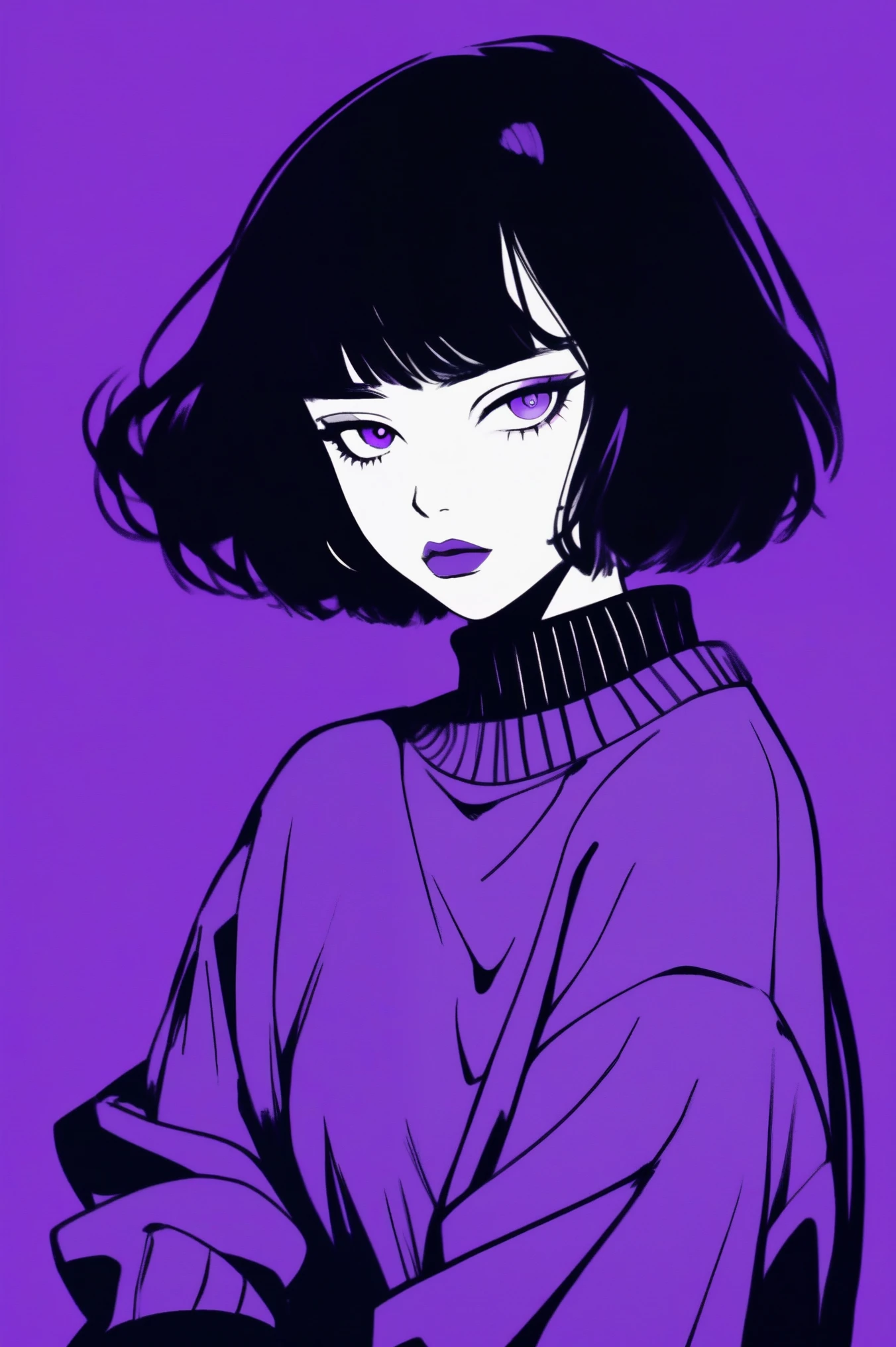 (best quality, sketch:1.2), dark monochrome background, anime,illustrator,anime,1 girl, detailed lips,sweater,custom, ( background dark),neon hair,textured cropping,Canadian, masterpiece, style retro classic, noir dark, art, sketch book, (bob hair purple:1.35, black:1.55), bad women 