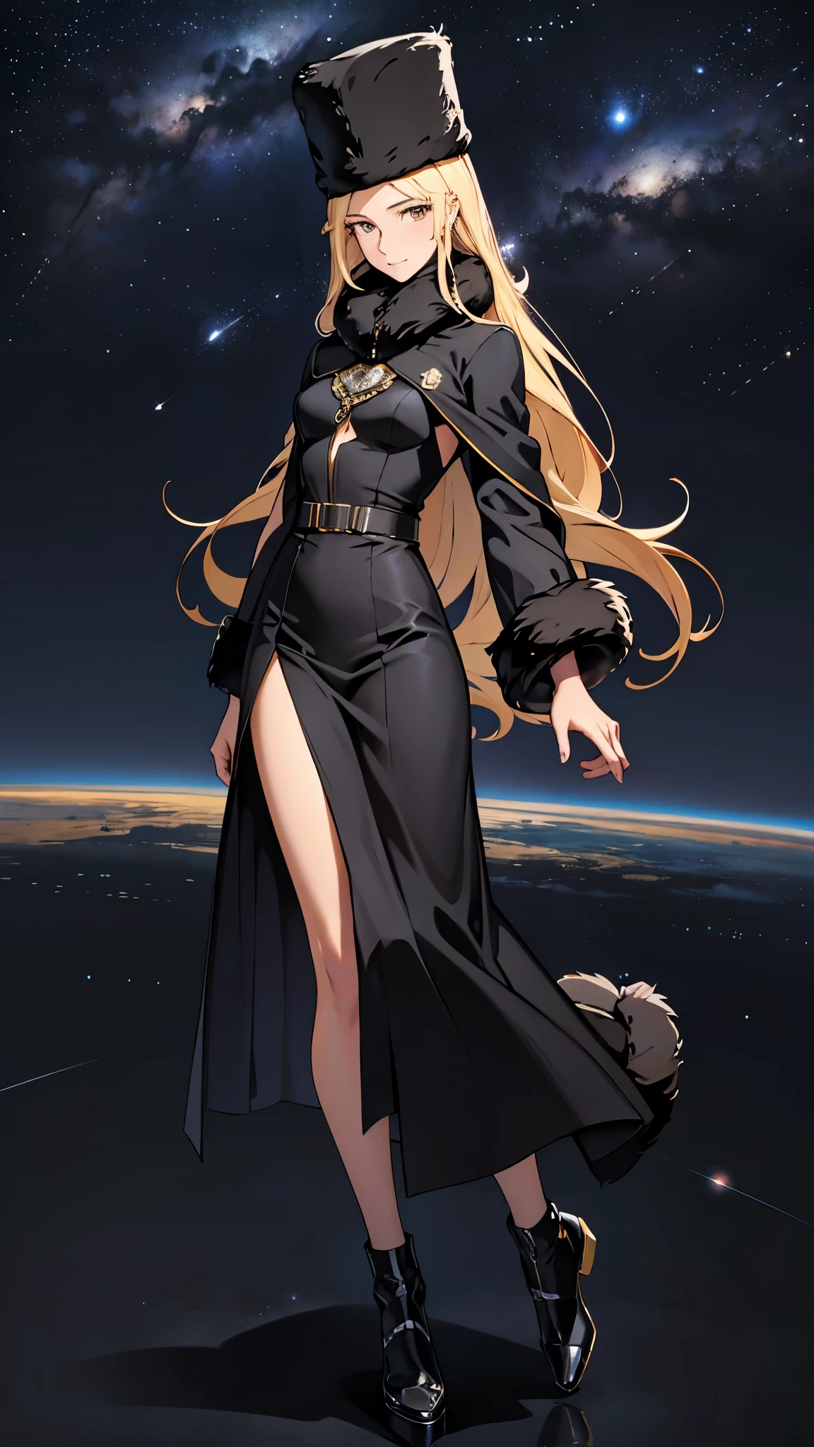 masterpiece, ultra quality, Beautiful detailed, extremely detailed,16K, exquisite, absurdity, highres, Beautiful background, Beautiful eye, Beautiful skin, anime style, one girl, solo, looking at viewer, gentle smile, full body of woman, blonde hair, long hair, slit eyes, brown eyes, very long eyelashes, very long hair, glossy lips, closed mouth, expressionless, slender tall body, small breasts, BREAK

Jet black fur dress, fur trim, long jet black fur hat, capelette, jet black footwear, BREAK

night, star \(sky\), starry sky, space, SL train flying in the sky