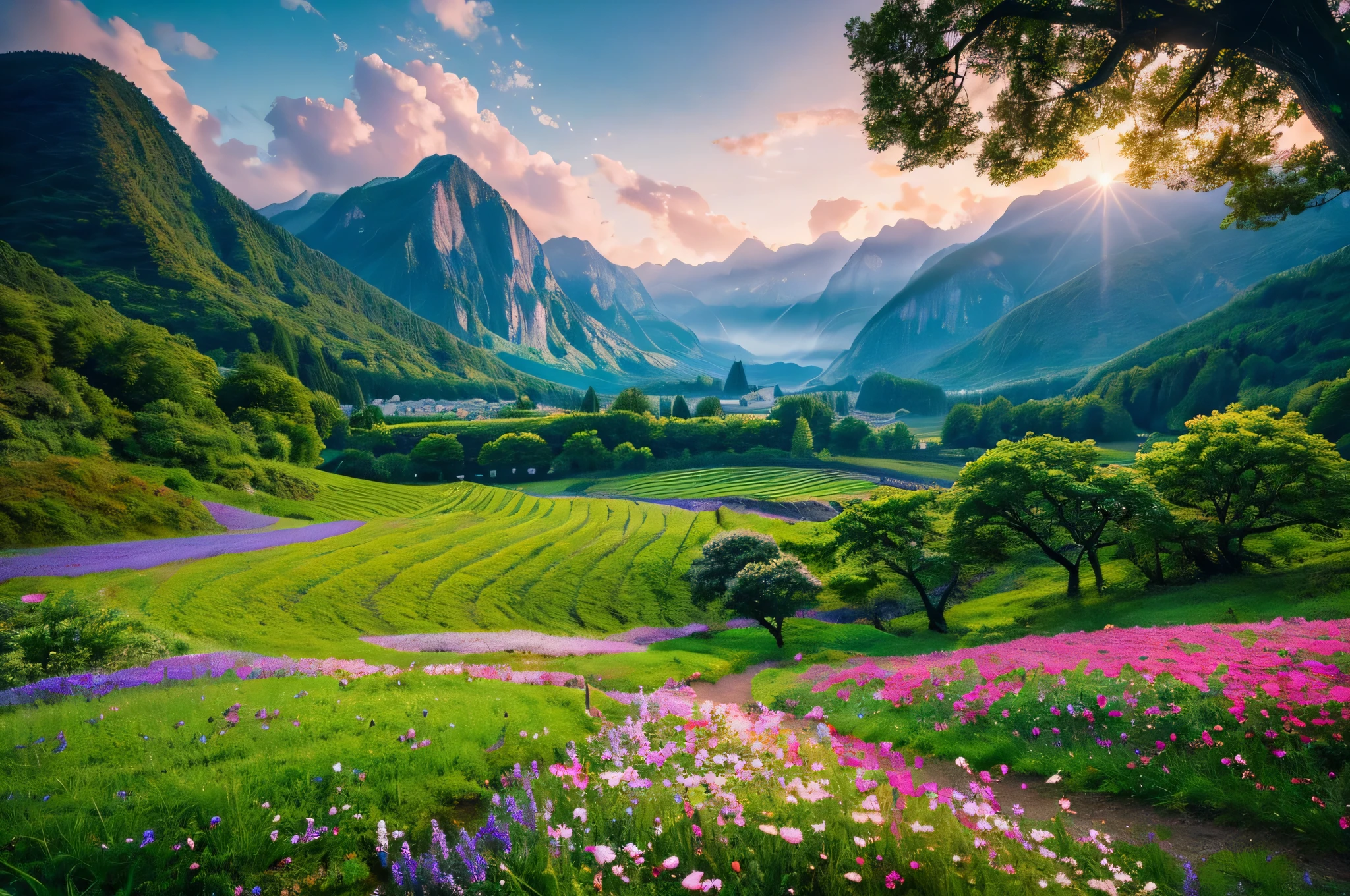 beautiful flower landscape images、highest quality、masterpiece、8k、commercial、landscape、mystery