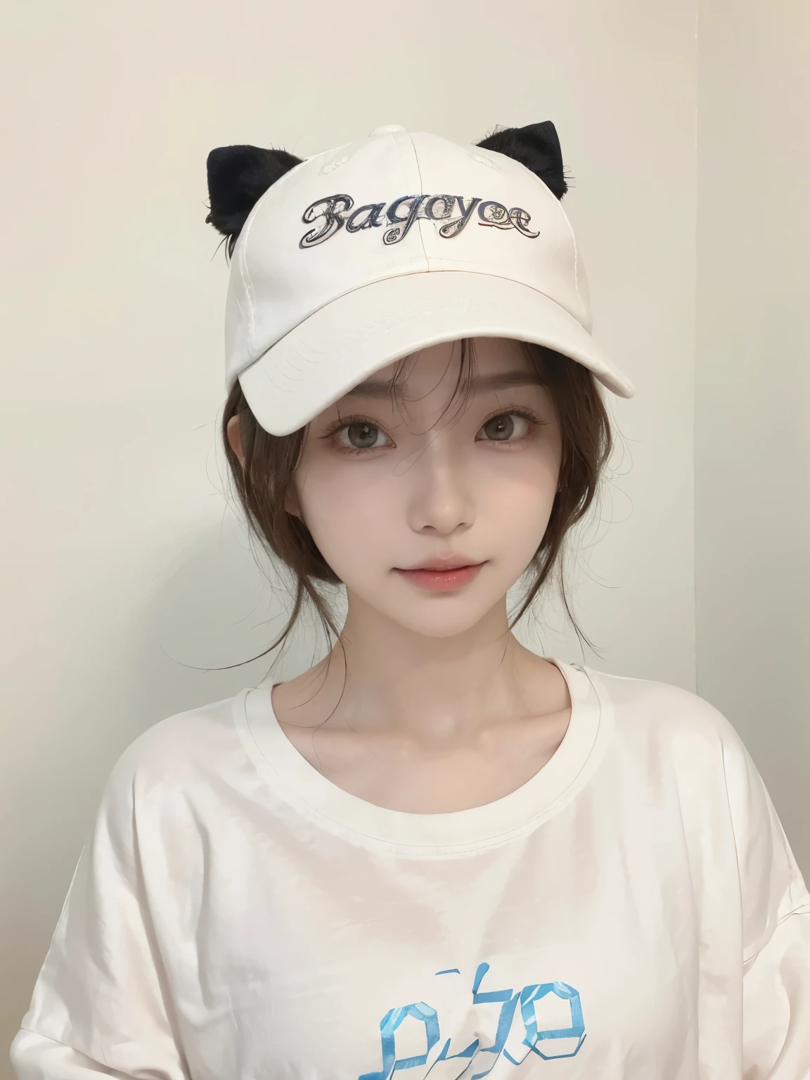Best image quality、original photo、ultra high resolution、21 years old Korean、small breasts、dynamic angle、Cowboy shooting、The most beautiful form of chaos、elegant、Innovative design、bright colors、,light brown short hair、disheveled hair、light brown eyes 、black baseball cap(表情Smile)、short bob、Smile、Fair and shiny skin、beautiful eyes,random colors、The details are very beautiful、thin lips、细致beautiful eyes、elongated eyes、pale pink cheeks、long eyelashes、beautiful double eyelids、eye shadow、he、White big T-shirt sweatshirt、baggy pants、Shot from the side、sexy pose、enlarge