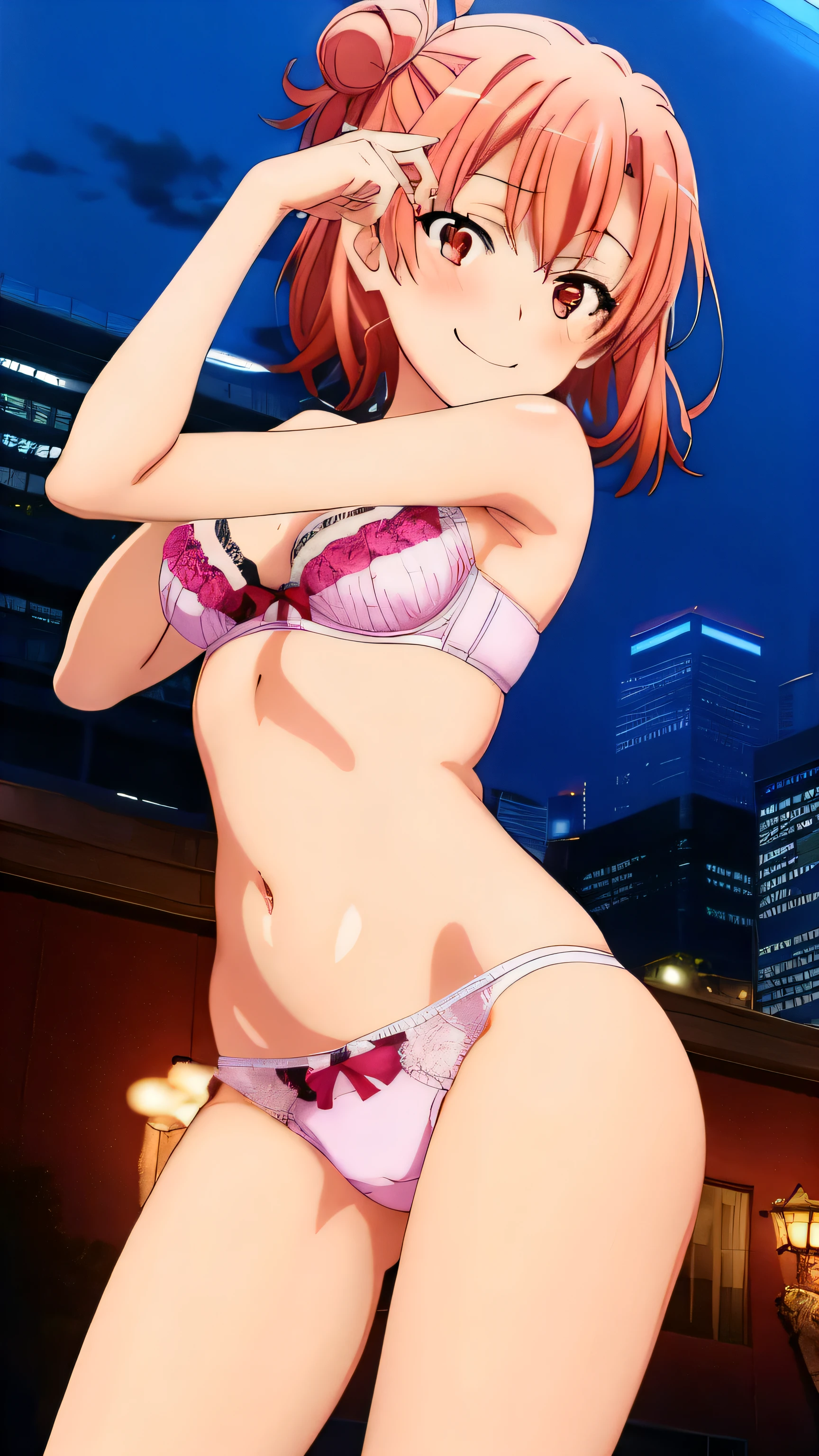 2 girls , , yuigahama yui , waltz dance , Yuigahama Yui has a wonderful big bust and hips................., waltz dance, In underwear,pink bra,belly button,Pink Side String Panties,,(pussy line:1.0),urethra,NSFW,thighs,butt,look at the camera,shy,Troubled smile,blush,high angle,beautiful eyes ,in the city at night