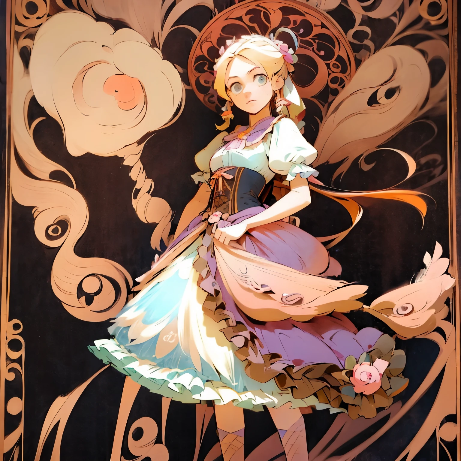 there is a drawing of a woman in a corset dress, an anime drawing by Ayami Kojima, pixiv, rococo, steampunk beautiful anime woman, baroque visual kei decora art, vintage shoujo, ta fashion, ”beautiful anime woman, anime art nouveau, lolityle, beautiful anime art, pretty anime character design, victorian gothic lolita fon