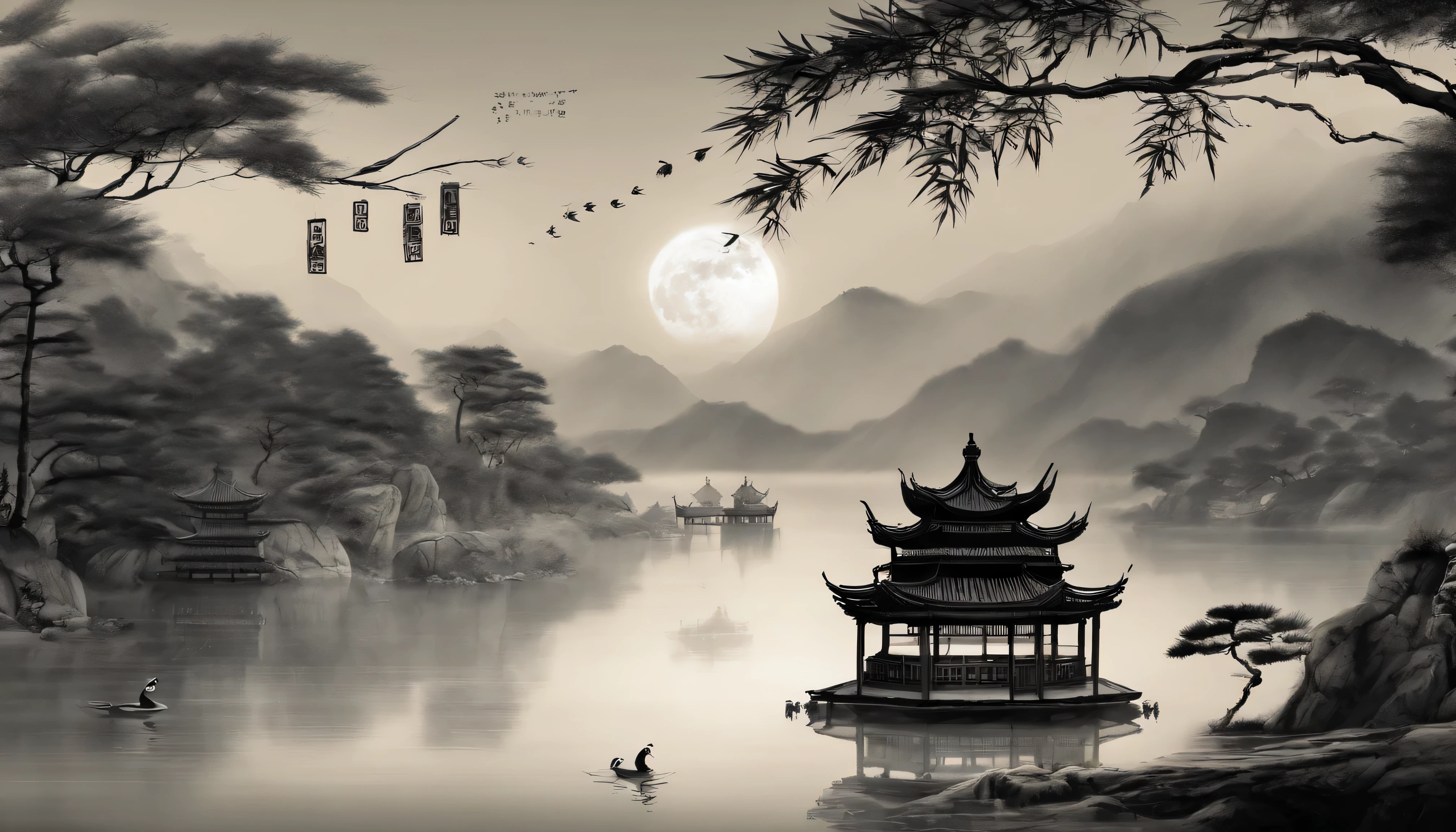 masterpiece,best quality,Chinese martial arts style,an asian night scene with lanterns and water lilies,asian pond with many lanterns and boatsa night scene with many lights and boats in the water, Lake surface, lotus flowers,beautiful night scene,(((Chinese martial arts style))), with vast sky, continuous mountains and steep cliffs, ink wash style, outline light, atmospheric atmosphere, depth of field, mist rising, bamboo, pine trees, octagonal stone pavilion, waterfall flowing water,big full moon,(No color) , Monochrome, light color,