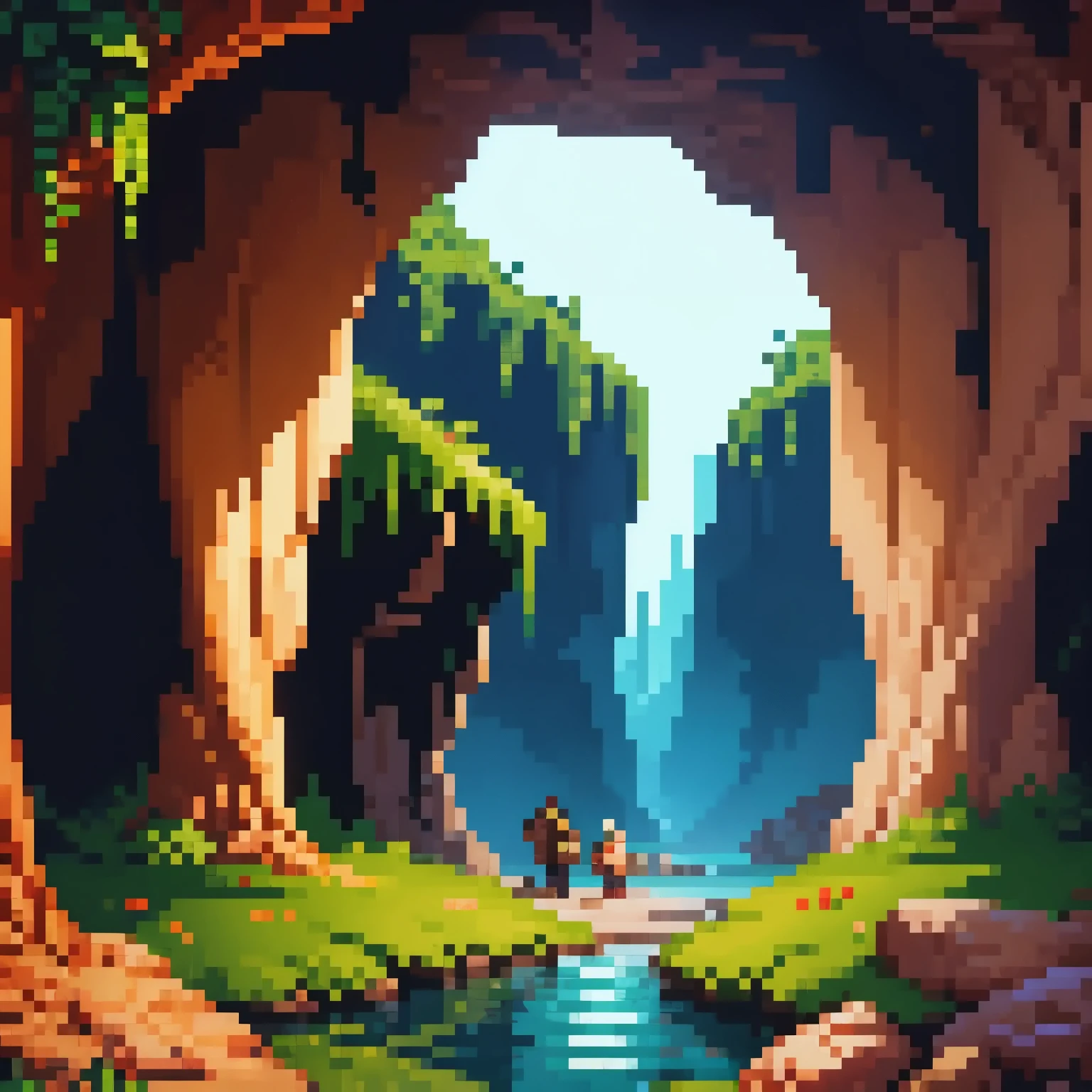 (Pixel art),(Pixels),Retro game art woman in computer game, gameplay screenshot posing for a picture in latex catsuit a close up of a pixel art style scene of a cave, beautiful detailed pixel art, ultra detailed game art, dan mumford. maya render, beautiful fantasy cave scene, magical cave, dark gloomy cave background, in the art style of dan mumford, overgrown stone cave, looking into a mysterious cave, ancient cave, overgrown cave, cave with waterfall, cave background, scenery, water, tree, backpack, nature, rock, outdoors, grass, bird, bag, moss, fish, animal, plant, cave . 16-bit, vibrant colors, pixelated, nostalgic, charming, fun