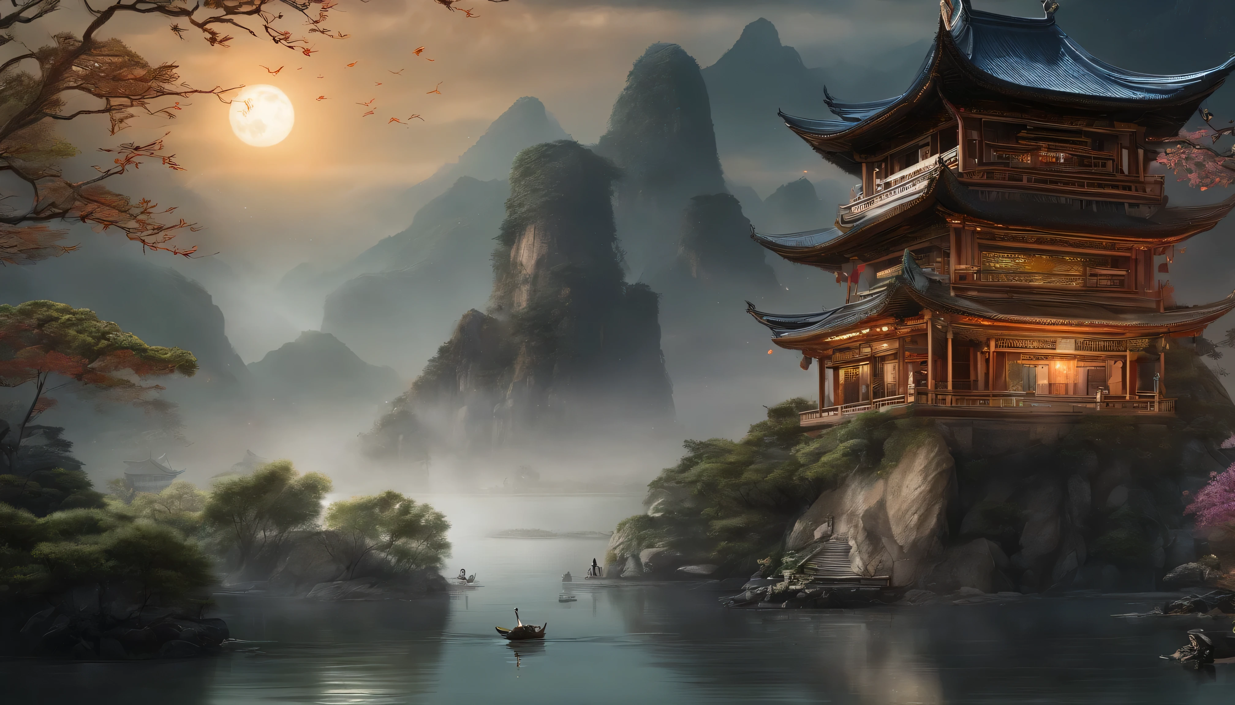 masterpiece,best quality,Chinese martial arts style,an asian night scene with lanterns and water lilies,asian pond with many lanterns and boatsa night scene with many lights and boats in the water, Lake surface, lotus flowers,beautiful night scene,(((Chinese martial arts style))), with vast sky, continuous mountains and steep cliffs, ink wash style, outline light, atmospheric atmosphere, depth of field, mist rising, bamboo, pine trees, octagonal stone pavilion, waterfall flowing water,big full moon, Colorful