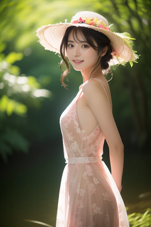 (((1))),((Photoactual))), ((AKB 48)), (Full body image))), (lens flare))),((backlight)), (in the woods))((Beautiful garden,There is a clear stream in the distance)),((rock in the background)),((Straw hat with ribbon)),((Smile)),((Nikon Z)),(19 years old))),(medium bust)))), ((((Pink lace sheer dress)))), ((((Pore feeling)))), ((Skin feel)))), (((Photo realism: 6, actual))))), (((Sideways and turned postures)), (((black hair dyed a little red)),perfect breast shape, Bare buttocks, Side Mao Insult, ribbon, hair accessories, pale skin, looking at the audience, small waist((((1))),((Photoactual))), small waist, High-heeled sandals, Pink nipples slightly exposed