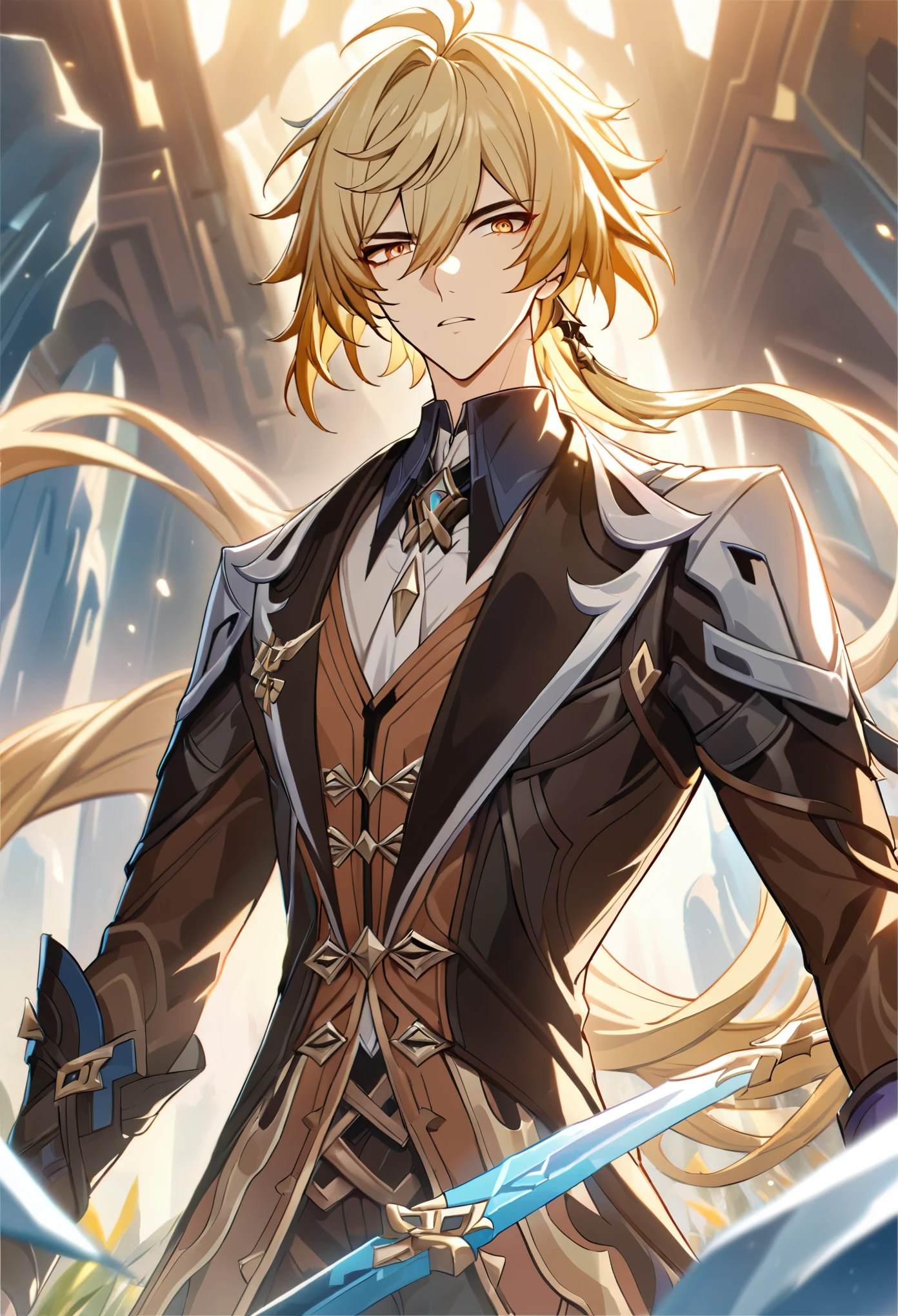 ((solo)), blond hair, messy hair, a close up of a person with a sword in a field of ice, blade from honkai star rail, detailed key anime art, luocha from honkai star rail, honkai star trail character, casimir art, masamune shiro, masamune, handsome guy in demon slayer art, genshin, heise jinyao, shadowverse style, (no logos), detailed clothes, depth of field, cinematic lighting, ray tracing, UHD, high details, best quality, highres, high quality, award winning, super detail, masterpiece, 8k
