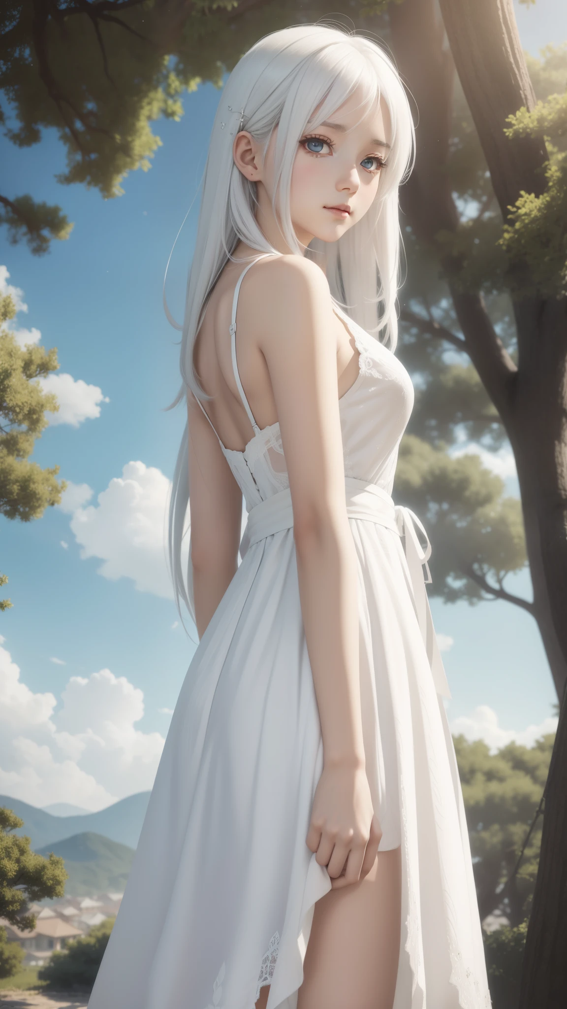 The background is a city, perfect white-haired girl,  in dress, white-haired, white-haired god, cute anime waifu with beautiful clothes, gray hair, best anime wallpaper 4k konachan, small curve , guvez on Pixiv ArtStation, white haired girl, nightcore, standing in a tree, looking at the stars, super detailed face