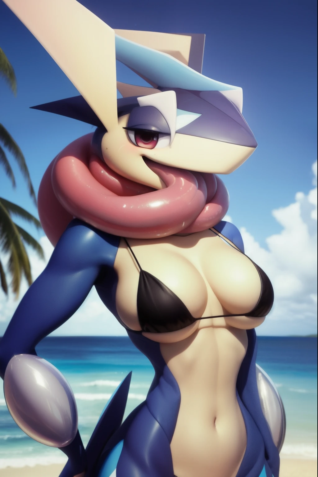 uploaded on e621, explicit content, 3d:0.4, cutesexyrobutts, hioshiru, female, solo, Greninja, large tongue, beach setting, (bikini), hourglass body, three-quarter portrait, closeup, sexy pose, SFW
