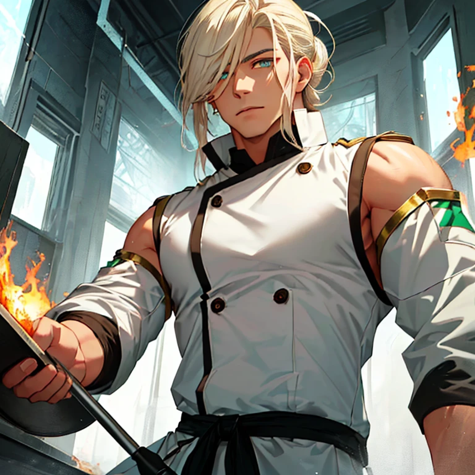 (masterpiece), best quality, expressive eyes, perfect eyes, shiny skin, perfect face, anime male, realistic anine, muscles, chef, white chef jacket, neck tattoos, medium length blonde hair up in a bun, dark and light green eyes, realistic anime, mature male, fire, using frying pan over fire, muscular arms, broad chest, dynamic pose, sexy male, definied muscles