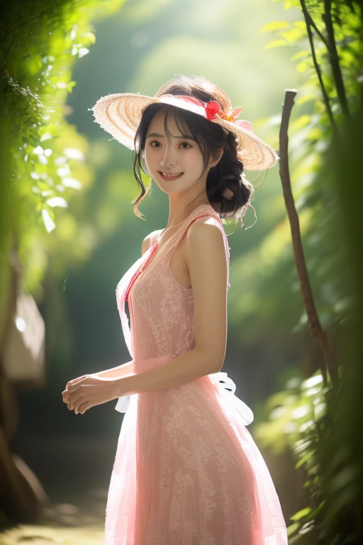 (((1))),((Photoactual))), ((AKB 48)), (Full body image))), (lens flare))),((backlight)), (in the woods))((Beautiful garden,There is a clear stream in the distance)),((rock in the background)),((Straw hat with ribbon)),((Smile)),((Nikon Z)),(19 years old))),(medium bust)))), ((((Pink lace sheer dress)))), ((((Pore feeling)))), (( Pink nipples slightly exposed)))), (((Photo realism: 6, actual))))), (((Sideways and turned postures)), (((black hair dyed a little red)),perfect breast shape, Bare buttocks, Side Mao Insult, ribbon, hair accessories, pale skin, looking at the audience, small waist((((1))),((Photoactual))), small waist, High-heeled sandals