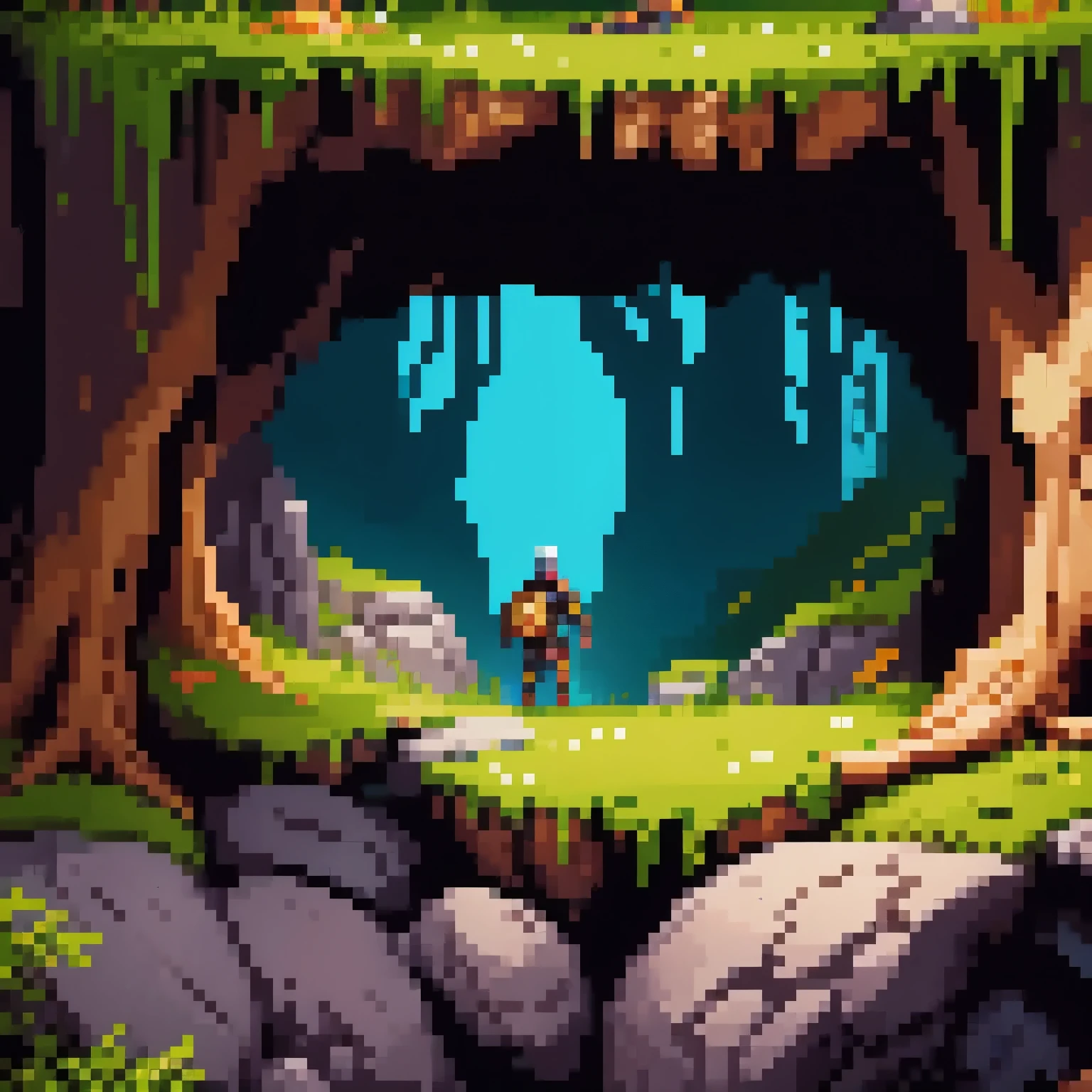 (Pixel art),(Pixels),Retro game art woman in computer game, gameplay screenshot posing for a picture in latex catsuit a close up of a pixel art style scene of a cave, beautiful detailed pixel art, ultra detailed game art, dan mumford. maya render, beautiful fantasy cave scene, magical cave, dark gloomy cave background, in the art style of dan mumford, overgrown stone cave, looking into a mysterious cave, ancient cave, overgrown cave, cave with waterfall, cave background, scenery, water, tree, backpack, nature, rock, outdoors, grass, bird, bag, moss, fish, animal, plant, cave . 16-bit, vibrant colors, pixelated, nostalgic, charming, fun