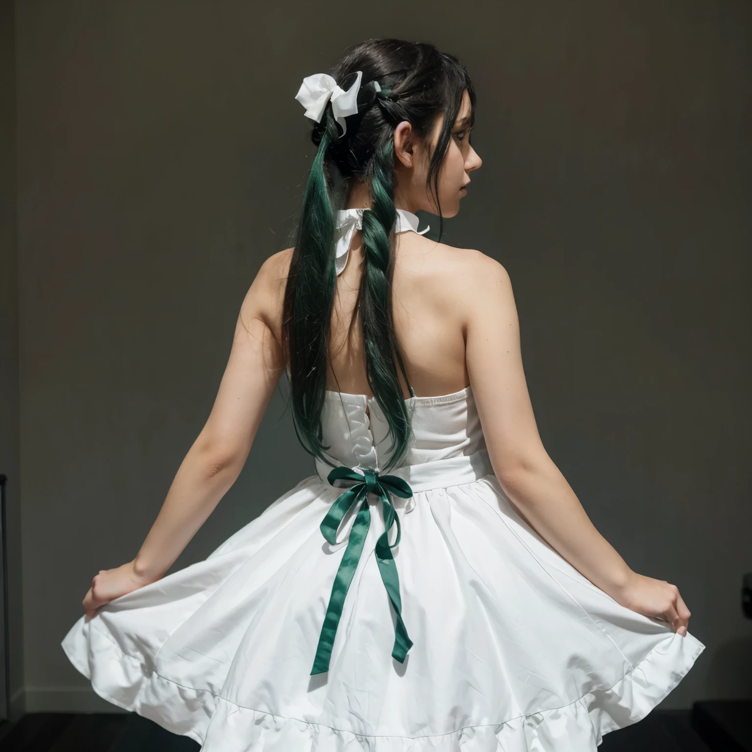 The innocence, dark green hair, twintails, arms behind back, white dress, black waist tie, a girl,blue eyes,