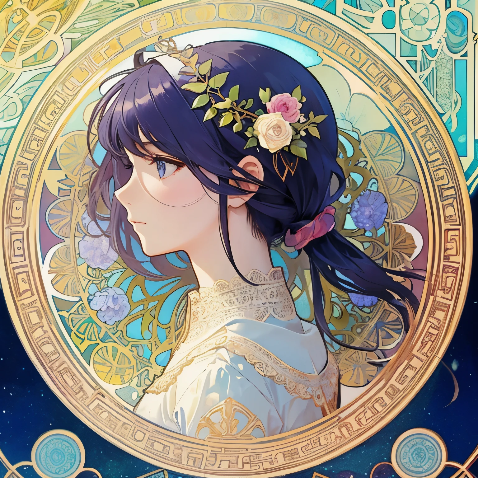 1 girl, masterpiece, highest quality, beautiful and aesthetic: 1.2, fractal art: 1.3, gem, Fine lace, detailed round frame, think back, flowers, white, rainbow hair, A beautiful girl fits into the frame、profile、(Alphonse Mucha style)