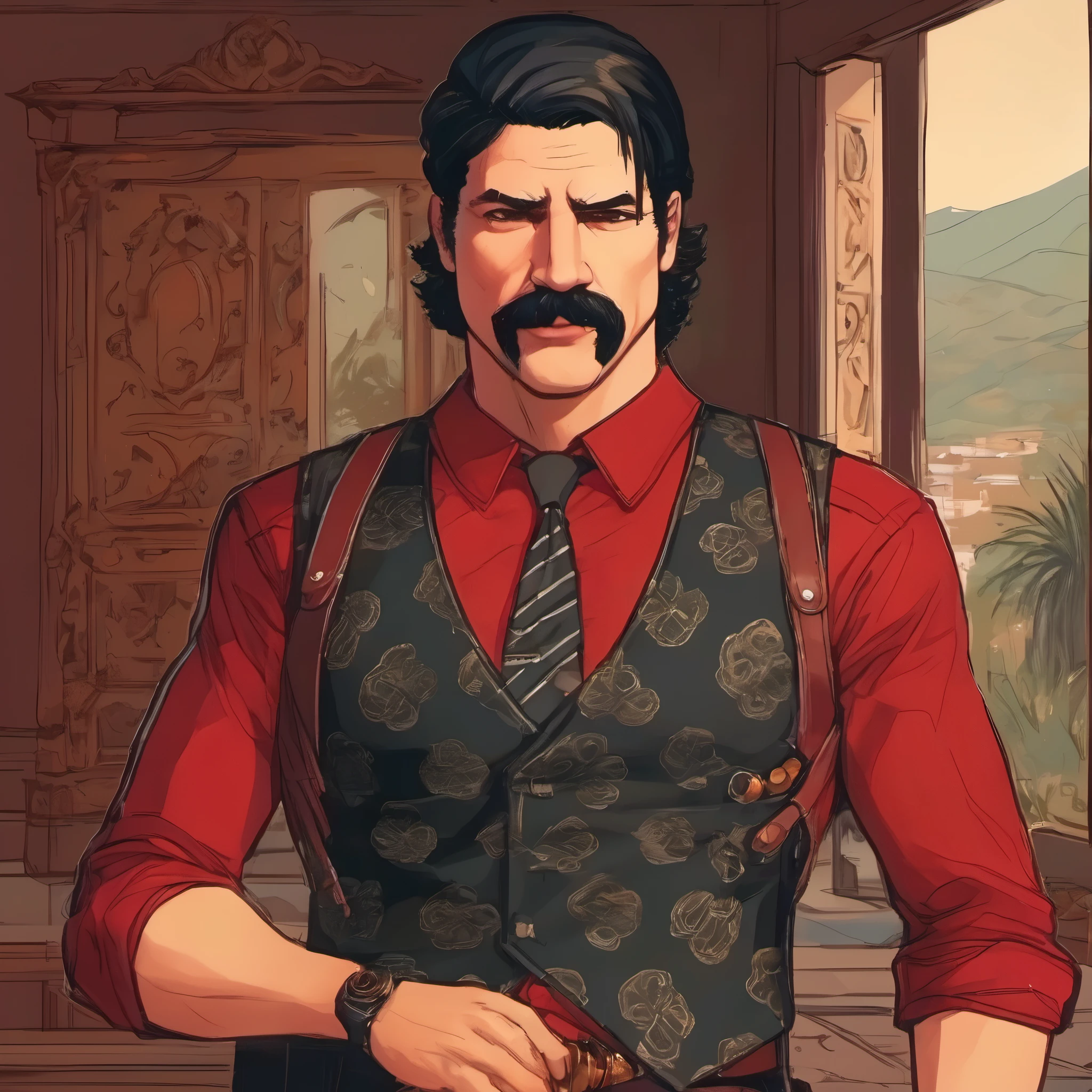 (obra maestra, Mejor calidad:1.2), 1 chico, solo, thenahualli, serious, dangerous man, elegant, elegante, black vest, red shirt, standing, vigilando, actitud vigilante, en casa de lujo en Beverly Hills, casa de lujo moderna y elegante.