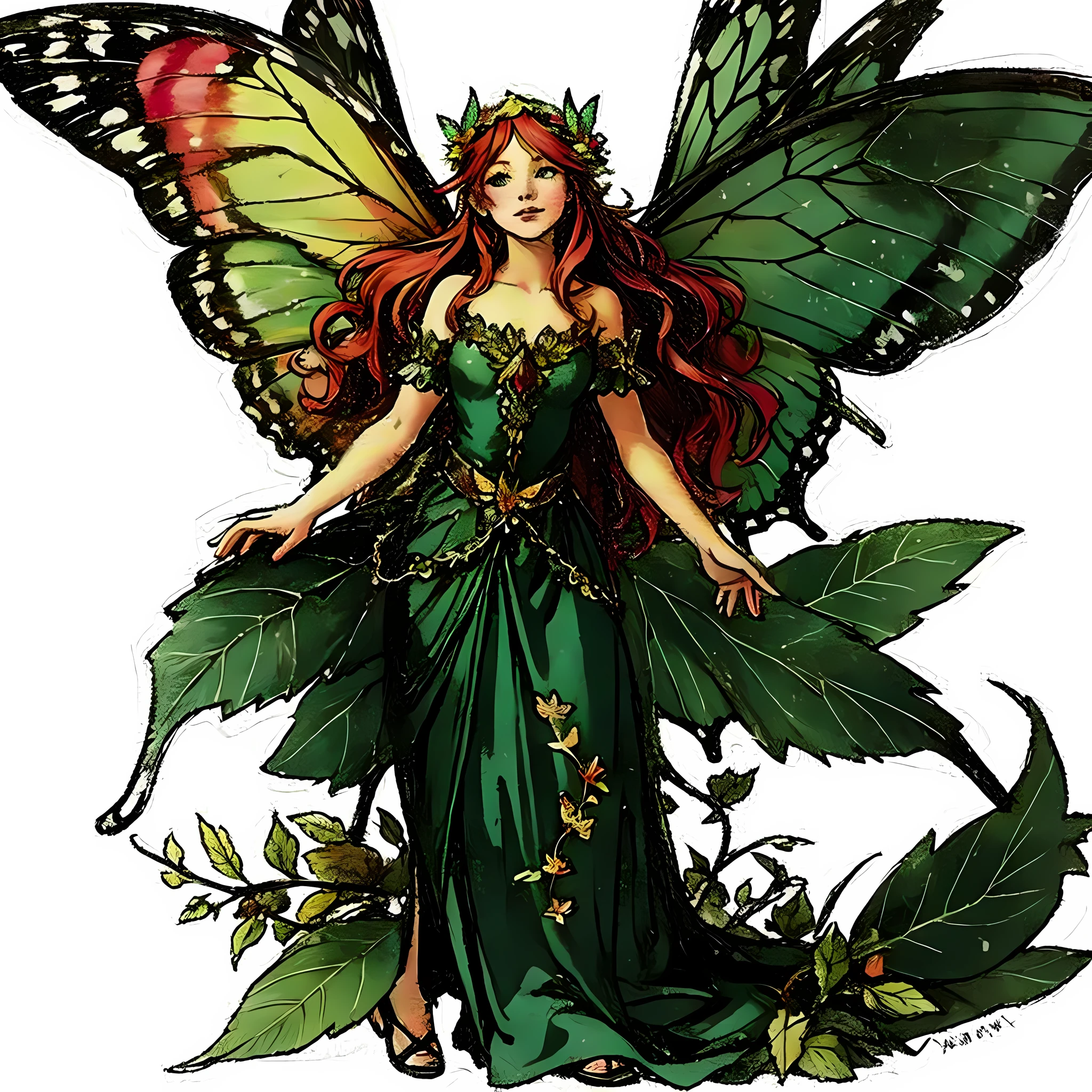 White background, the fairy stands under the leaves, with butterfly wings, Molly Harrison style, character design, whole body::3 fairy tale, Wearing a wreath on the head, red long hair, and colorful butterfly wings, Hand Drawing