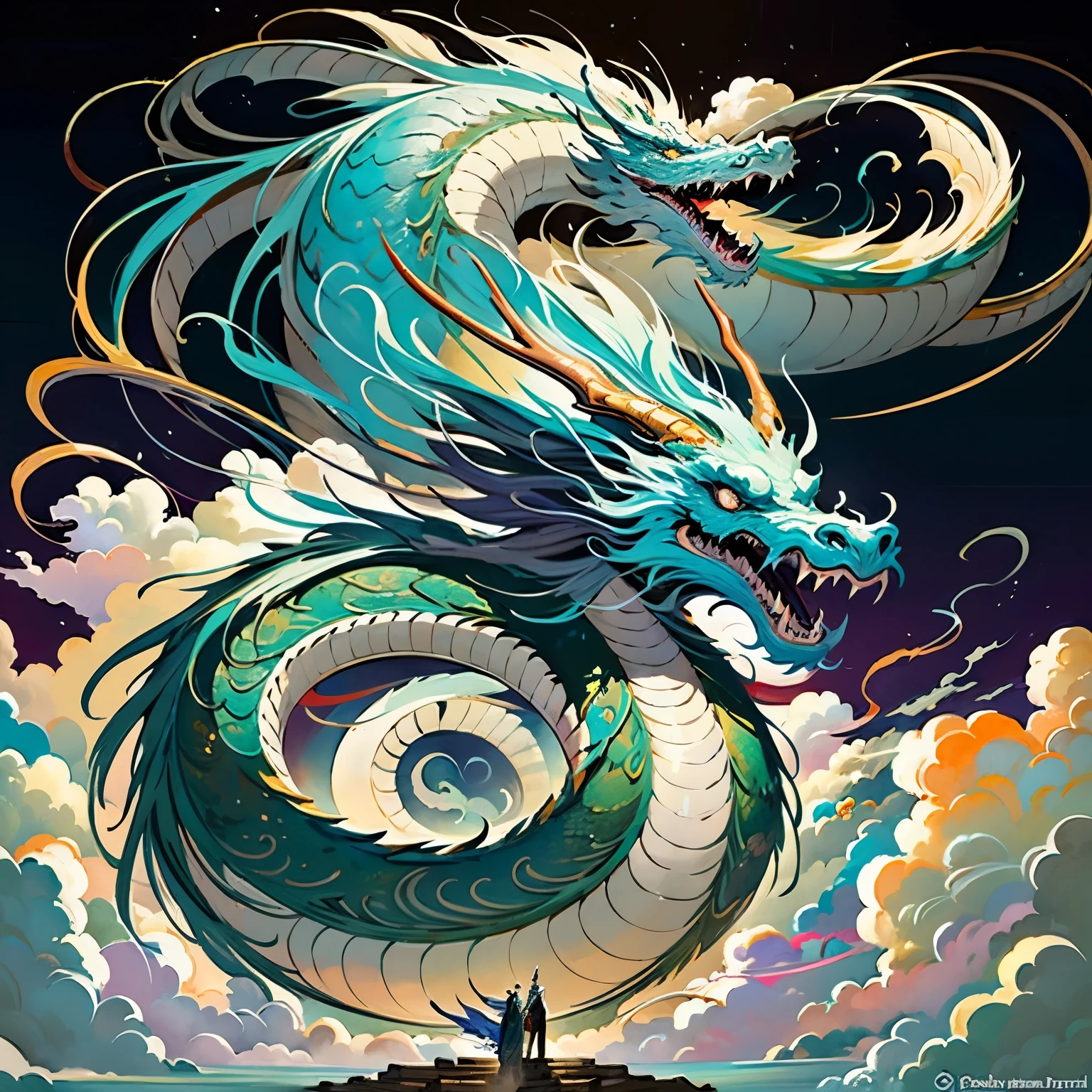 Dragon painting in the clouds, black dragon,Colorful dragons,black colorful chinese dragon,black chinese dragon,Brilliant clouds,a dragon made of clouds, Symmetric epic fantasy art, fractal thunder dan mumford, Chinese dragon fantasy, sea snake, great mystical winged serpent, , and Mumford Tom Bagshaw., Highly detailed figures, dragon shaped cloud, Storm Dragon,dragon god,black,Seven colors,Advanced Feeling,Luxury,Feeling,