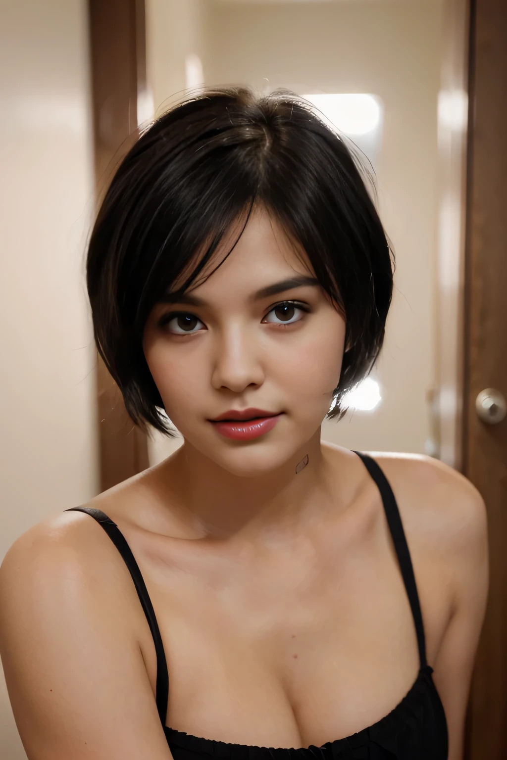 a white woman with short black hair, brown eyes, a beautiful face with slightly pink cheeks and a sweet look, with red lips, make a sexo