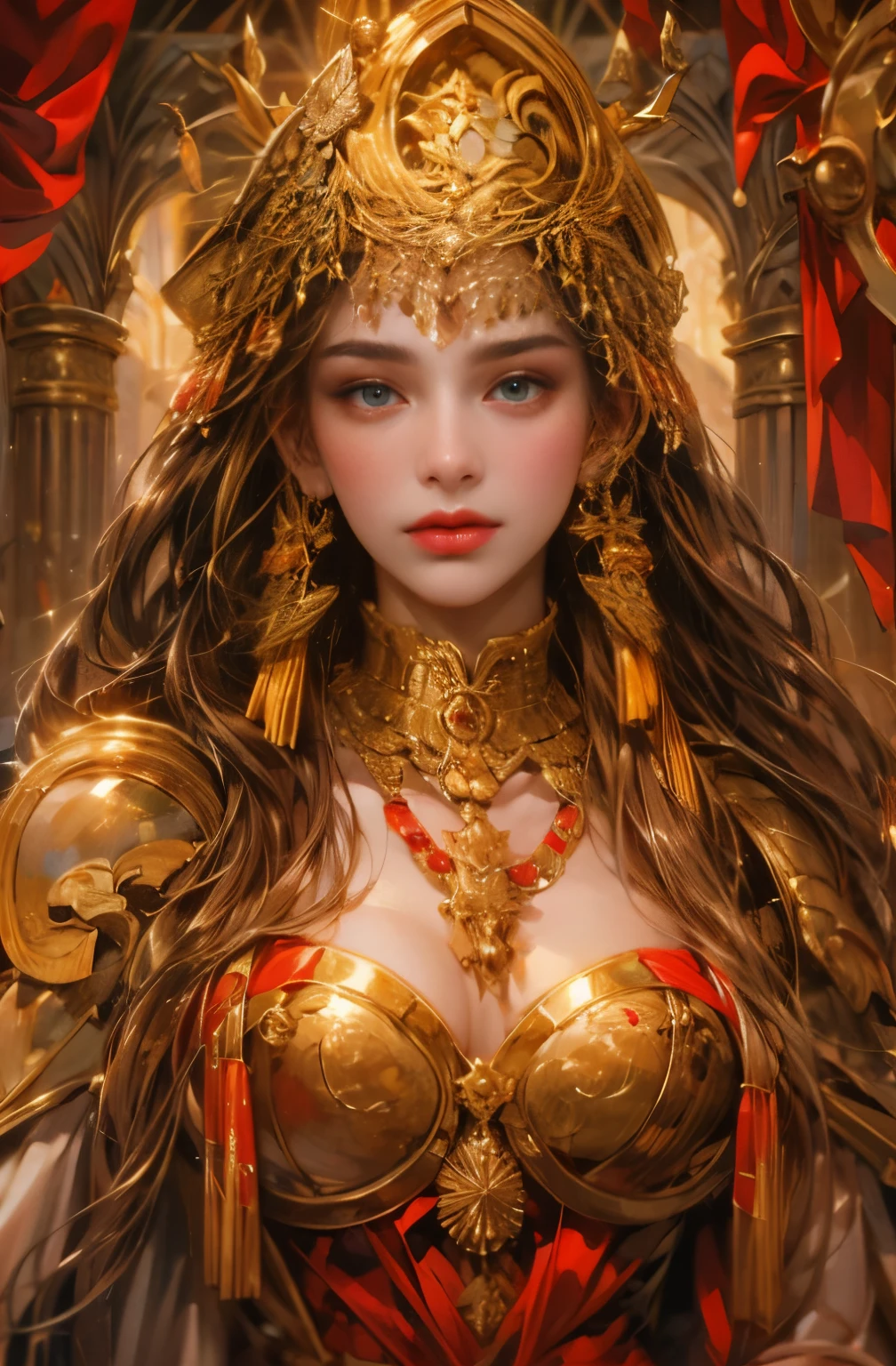 Gold and red tones、fantasy、Ancient mythology、ancient mesopotamia、hour of dusk、Mysterious、solemnity、majestic、highest quality, masterpiece、Ishtar, goddess of war、majestic hall々, battlefield commander、Guardian of Babylon、increase fighting spirit、fiery red long hair、queen of babylon, invincible general、Majestic Hall々、Brave、glory of babylon、honor of babylon、Treasure of Babylon, veteran hero、The unparalleled beauty of elongated eyes、refinement、Noble、i am proud、Wearing Noble jewelry、Equip your weapons、looks like fancy golden armor、cloak fluttering in the wind、Tall and lean、fiery red long hair、Top models from the Milan collection, perfect angle、perfect composition、Low - Angle、Full body Esbian, Works that influenced Chen Yifei, Works that influenced Francesco Hayes, Inspired by Hendrik Terbruggen, Jean=Works that influenced Auguste Dominique Ingres, Works that influenced Liu Jun, Jean=Works that influenced Auguste Dominique Ingres, highest quality, perfect angle, perfect composition, best shot, official art, cinematic light, figurative art, Beautiful and expressive paintings, Beautiful artwork illustration, wonderful, cool beauty, clear, Mysterious, highest quality, official art, Very delicate and detailed painting style, Beautiful painting art, perfect light, perfect composition, perfect angle, The perfect subject, best shot, women only, sharp outline, pretty much beautiful face, very beautiful and delicate eyes, delicate and beautiful eyes, Close-up