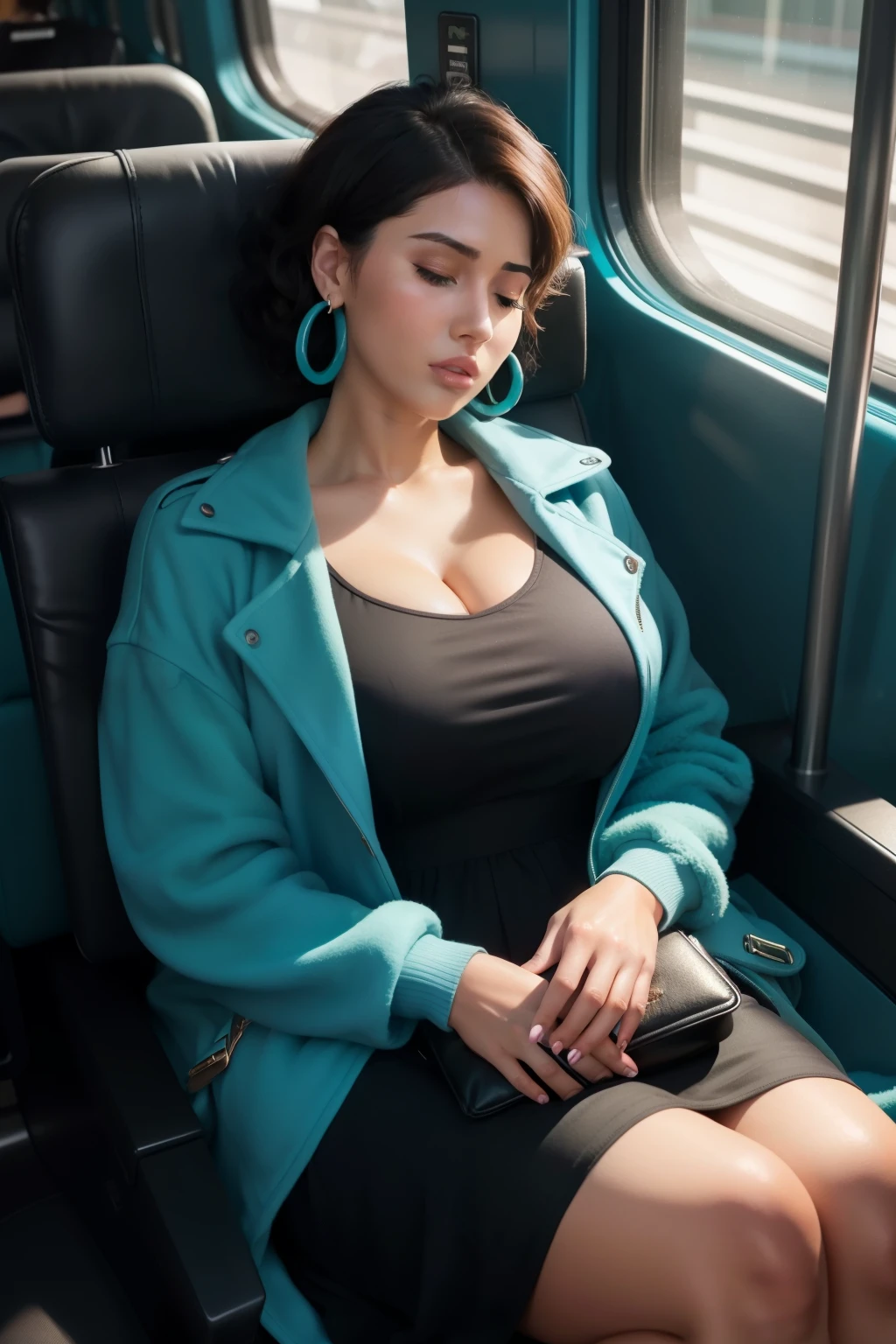 1 beautiful woman, large body, eyes closed, eyelids made up, medium earrings, short afro hair, turquoise dress, black jacket over the dress, sandals, large turquoise bag, long eyelashes, full lips, mouth open, head resting on the seat, sleeping lying on the train, Lucy Pinder