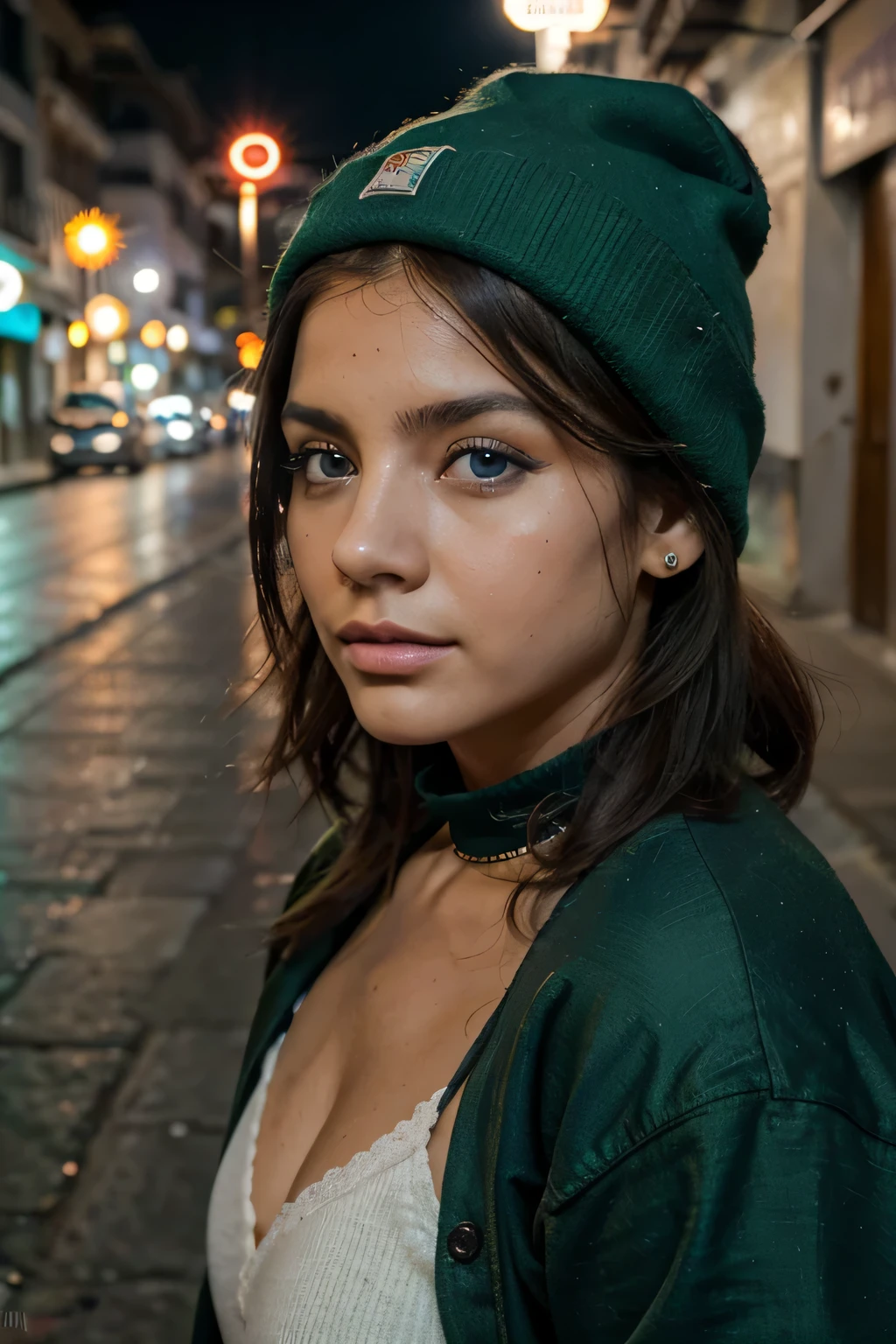 Chica muy muy muy sexy., peinado moreno, usando un gorro de lana, con cuello rojo con cordones, usando joyas verdes, collar, ganancias, con una chaqueta verde, Golpe en el cuerpo, piel detallada, cara detallada, labios detallados, ojos detallados, ((ojos azules)),  maquillaje ligero, Piel texturizada, Super detailed lighting, fondo del pais, caminando por una calle urbana 
