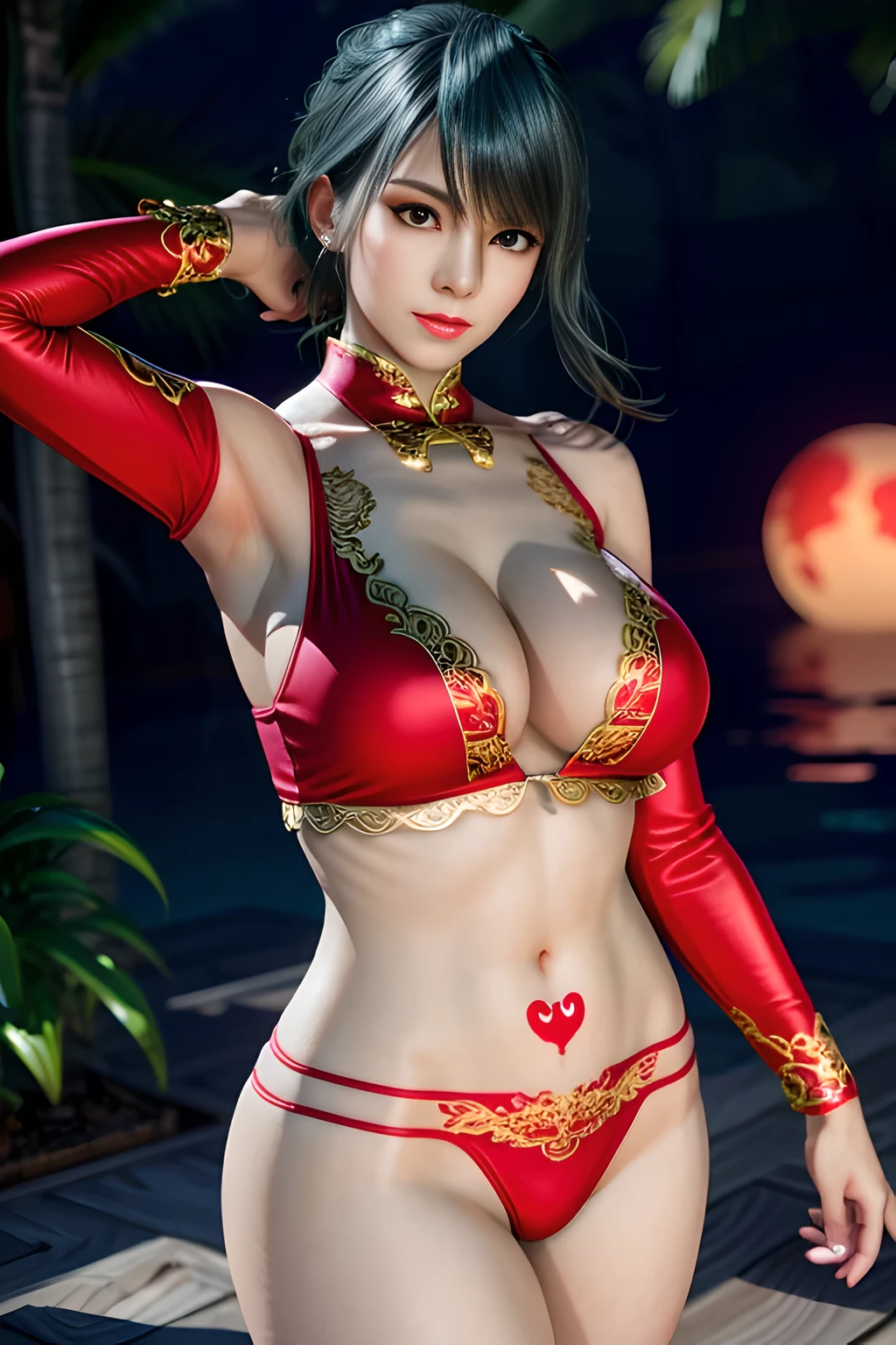 1 girl,standing posture,Dancing sleeves,nighttime,RED moon,(( ancient Hanfu)),gem tassel,( huge breasts),cleavage,shiny skin, red lips,( tattoos:1.3), masterpiece, best quality, realistic ,Rich artistic colors, 8K,Portrait art,solo, tamaki