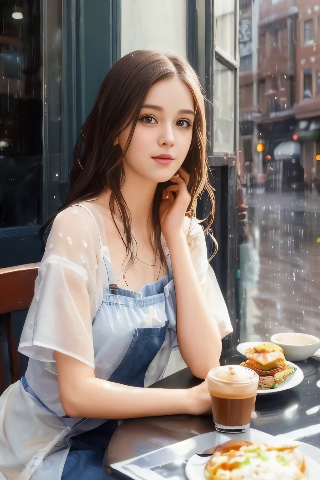 there is a woman sitting at a table with a plate of food, realistic cute girl, beautiful image, beautiful realistic girl, mysterious coffee shop girl, beautiful realistic woman, a beautiful photo shot, beautiful digital photo, cute, beautiful alluring woman, beautiful girl, attractive girl, beautiful gorgeous digital art, beautiful character photo. A slight rain effect on the window, wet streets, beautiful eyes looking towards the camera