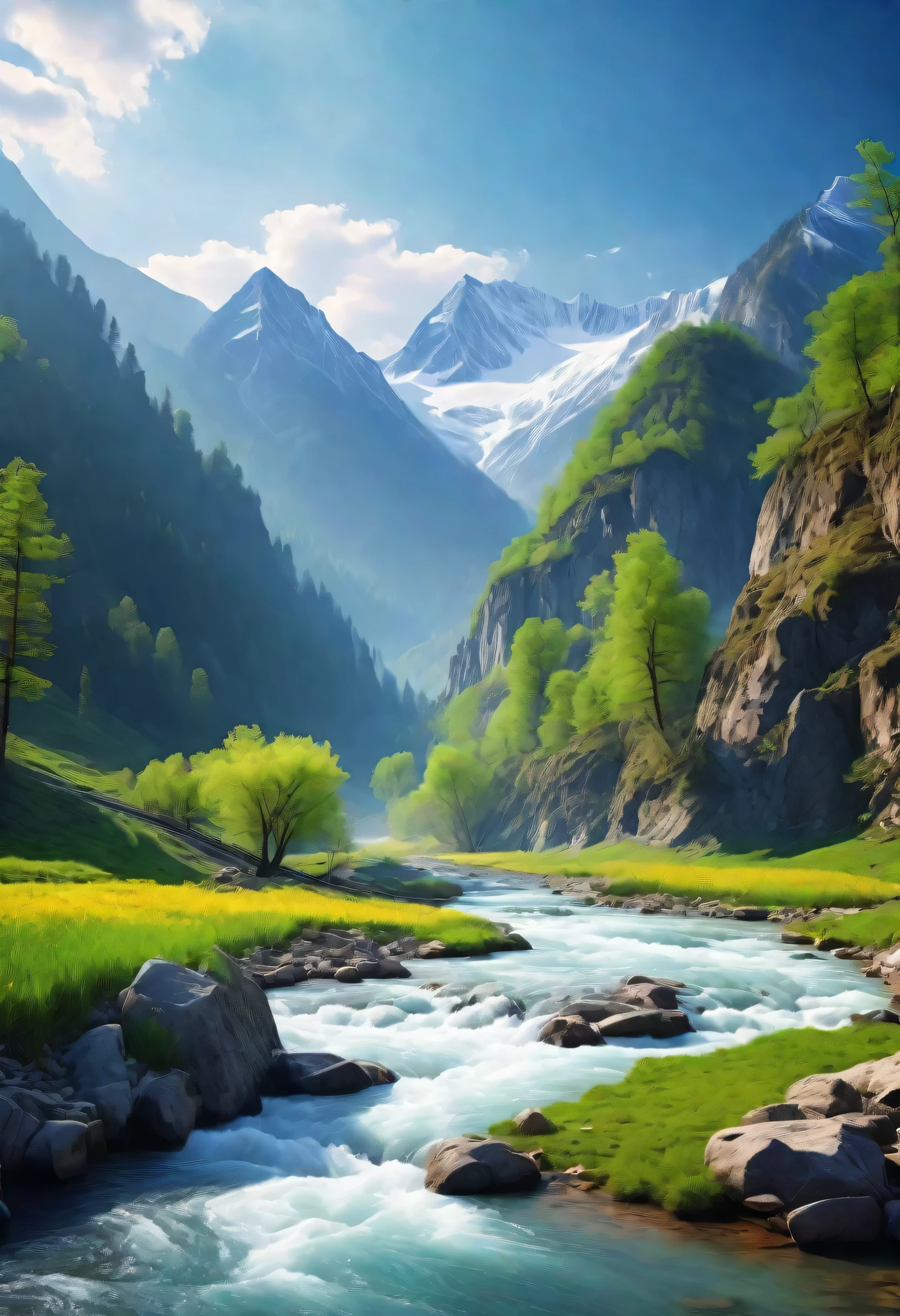 Creat a beautiful scenery of river flowing between mountains in the season of spring 