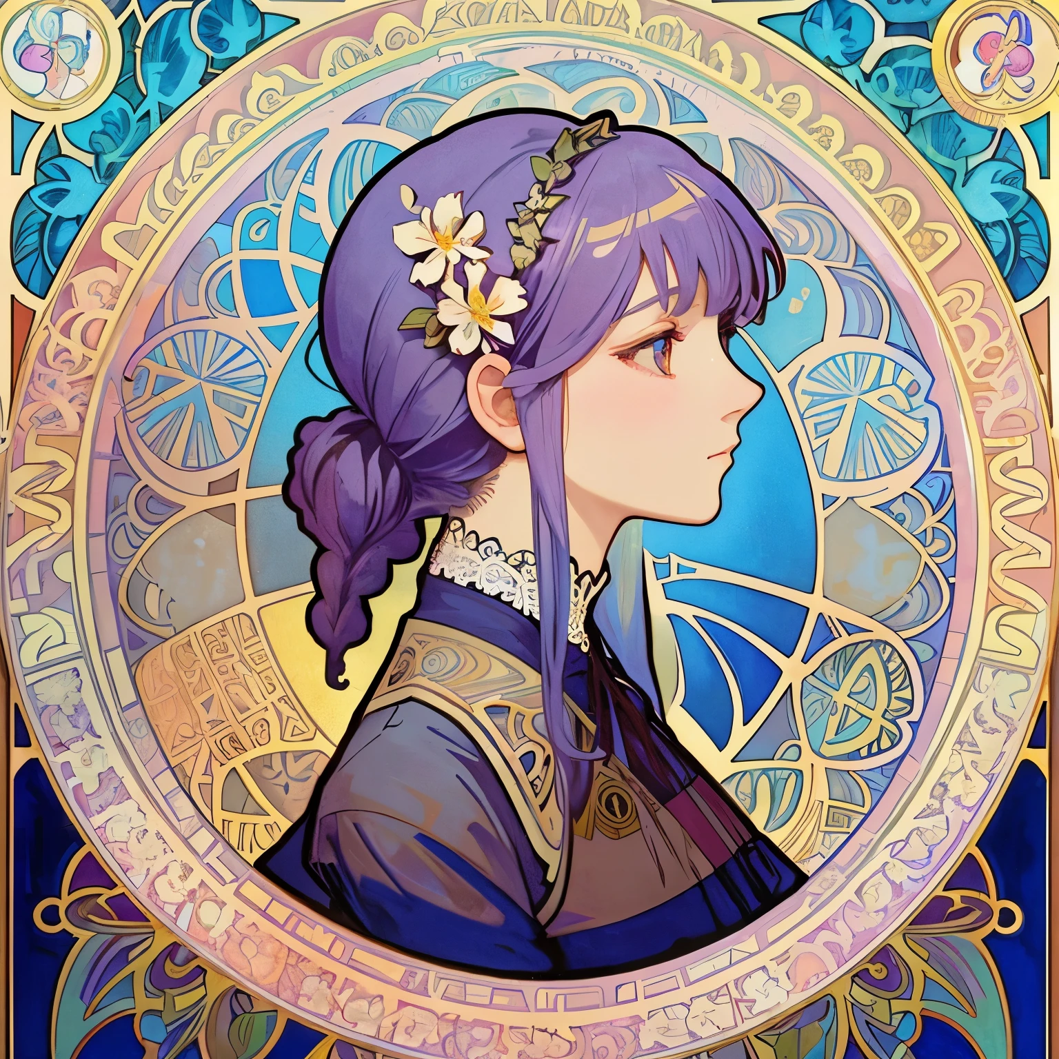 1 girl, masterpiece, highest quality, beautiful and aesthetic: 1.2, gem, Fine lace, detailed round frame, think back, flowers, white, rainbow hair, A beautiful girl fits into the frame、profile、(Alphonse Mucha style)