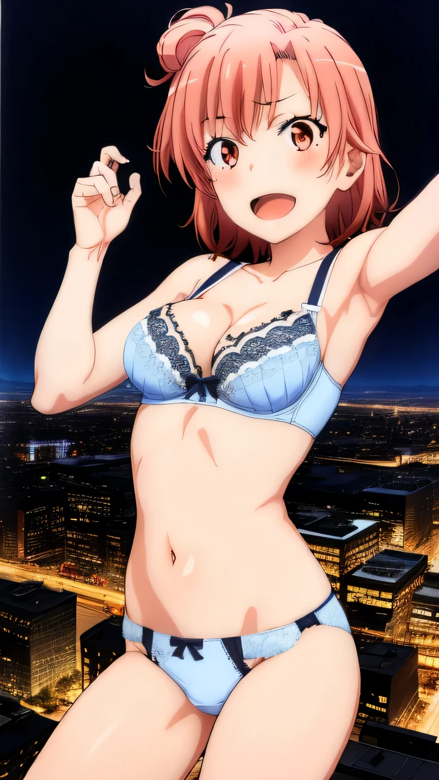 2 girls , , yuigahama yui , jump, Yuigahama Yui has a wonderful big bust and hips..................., waltz dance, In underwear,light blue bra,belly button,light blue panties,butt side lace panties,thighs,butt,look at the camera,shy,Troubled smile,blush,high angle,beautiful eyes ,in the city at night