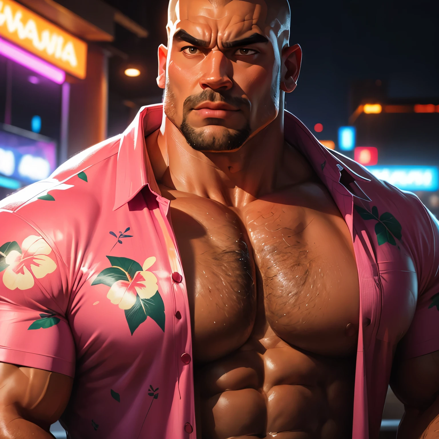 an exaggeratedly muscular and large bald bodyguard, beefy build, mixed race, (wearing Hawaiian shirt: 1.2), (bara pecs: 1.3), (arm and chest hair: 1.1), close-up portrait HD, night club with pink lights