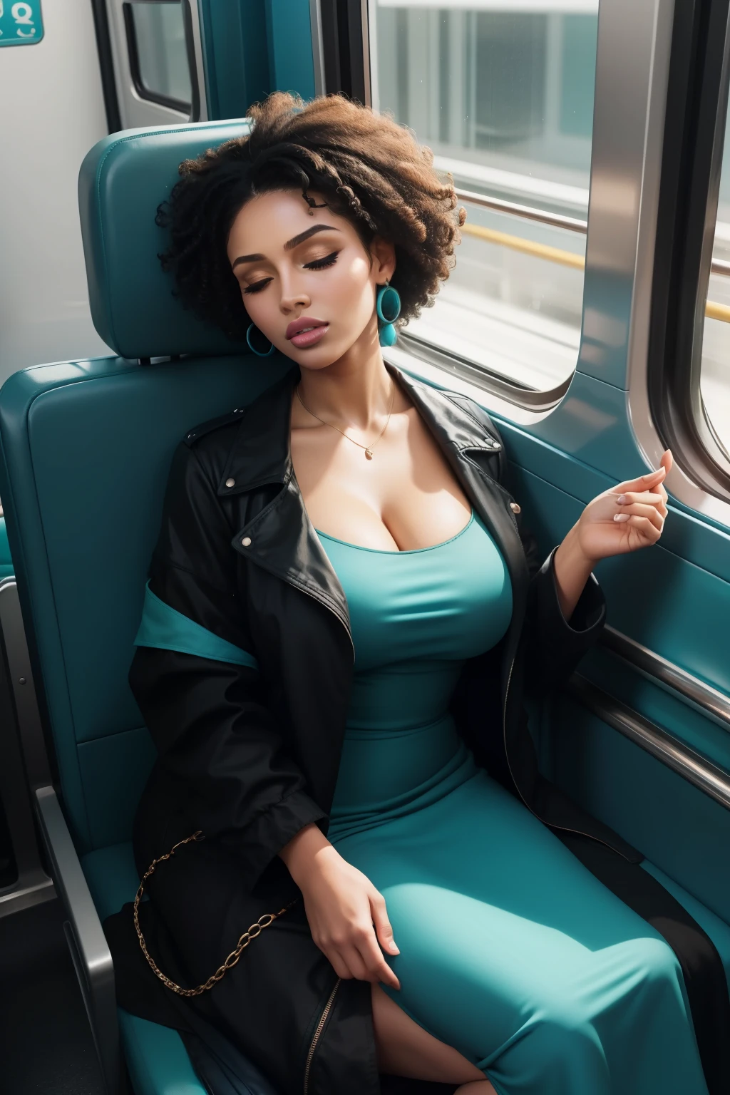 1 beautiful woman, large body, eyes closed, eyelids made up, medium earrings, short afro hair, turquoise dress, black jacket over the dress, sandals, large turquoise bag, long eyelashes, full lips, mouth open, head resting on the seat, sleeping lying on the train, Lucy Pinder