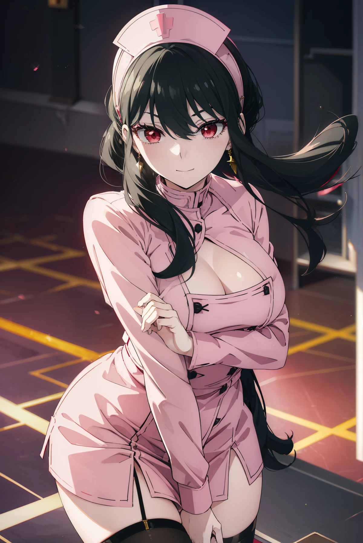 Yorubu Layer, your thorns, black hair, (red eyes:1.5), earrings, gold , long hair, (medium breasts:1.2),happy smile, smile, open your mouth, ,transparent and pink latex, Thighhighs, cleavage, kneel down, pink panties, nurse cap, nurse,
break indoors,hospital,
break looking at viewer, (cowboy shot:1.5),
break (masterpiece:1.2), highest quality, High resolution, unity 8k wallpaper, (figure:0.8), (detailed and beautiful eyes:1.6), highly detailed face, perfect lighting, Very detailed CG, (perfect hands, perfect anatomy),