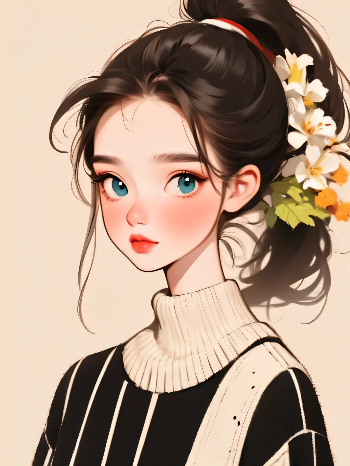 (masterpiece, best quality:1.2),flower arrangement art，watercolor painting，black irregular lines，a beautiful girl，Skin detail processing，The eyes are finely described，Delicate hair，ponytail，black high-neck sweater，White geometric pattern，Sweater details，hairy，Warm，Retro contrasting colors，flower brooch，clean background，green，blue，red，
