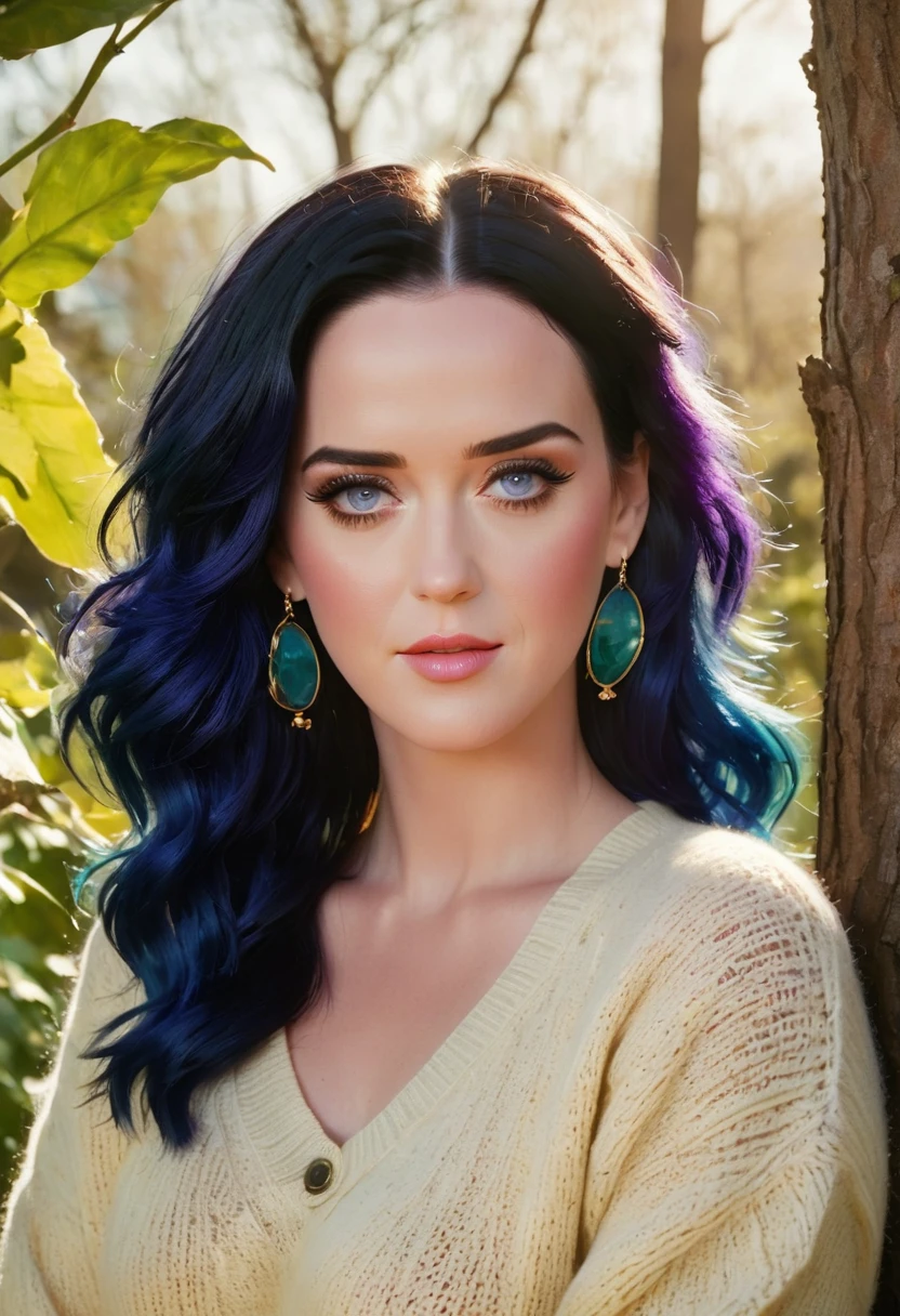 katy perry in sweater, portrait, pretty face, beautiful eyes, external, portrait, garden, trees, teeth, open one's eyes, Winning photo, best quality, Upper body, Jennifer Connelly, Nikon d850 film stock photo 4 Kodak 400 camera f1.6 lenses rich colors ultra realistic textures natural light popular on artstation cinestill 800, (100mm lens)